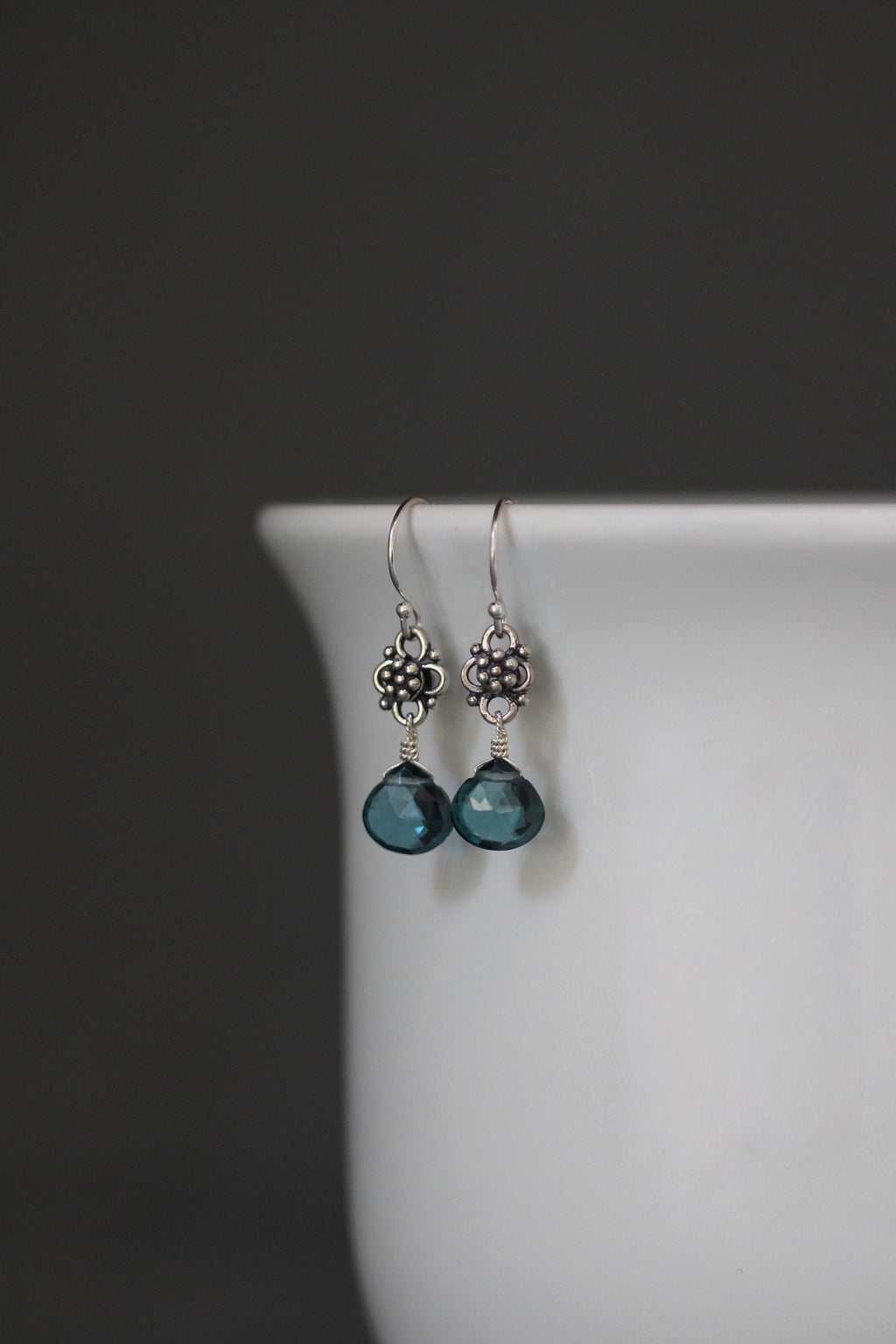 London Blue Topaz Quartz Teardrop Dangle Earrings on Bali Silver Links