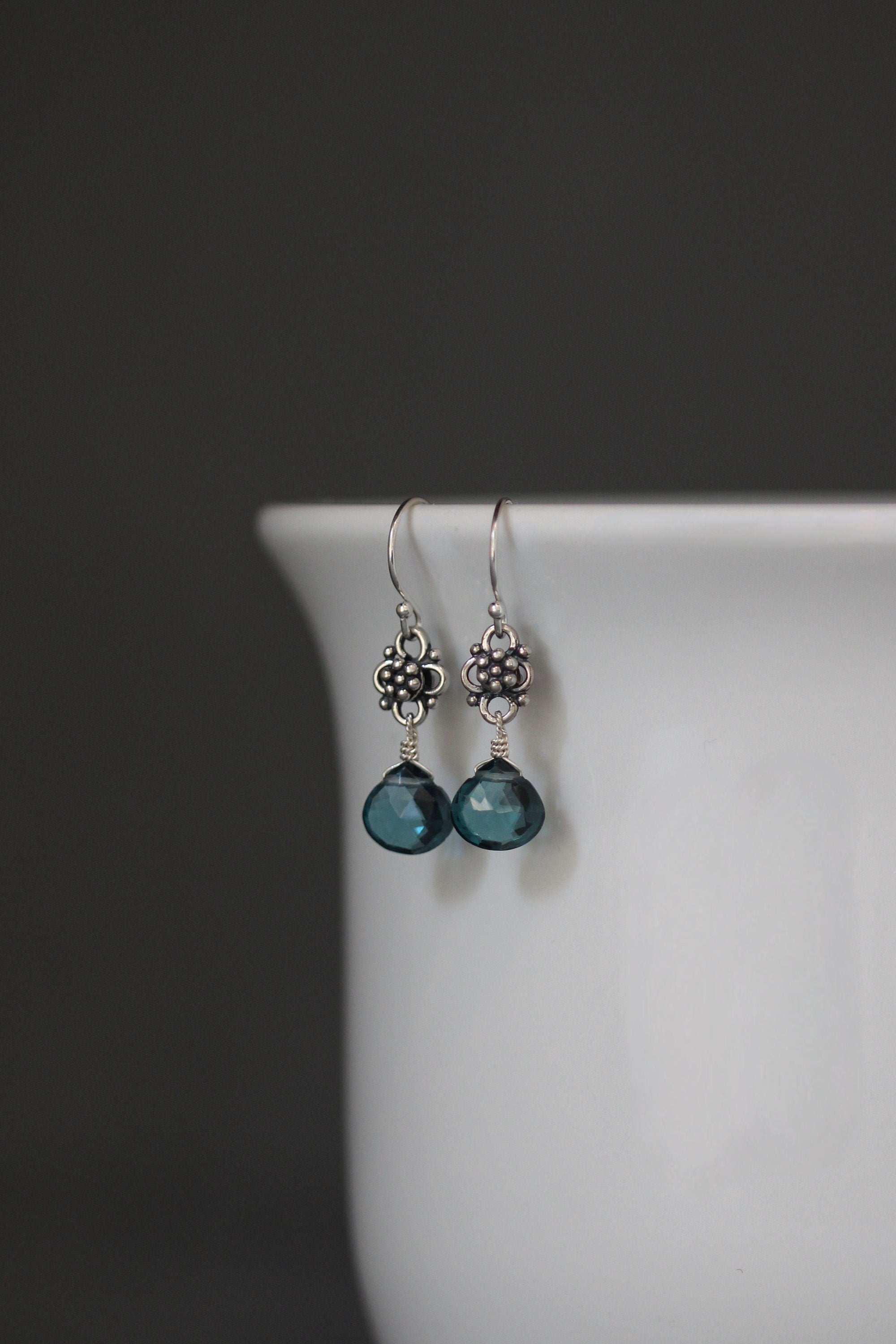 London Blue Topaz Quartz Teardrop Dangle Earrings on Bali Silver Links