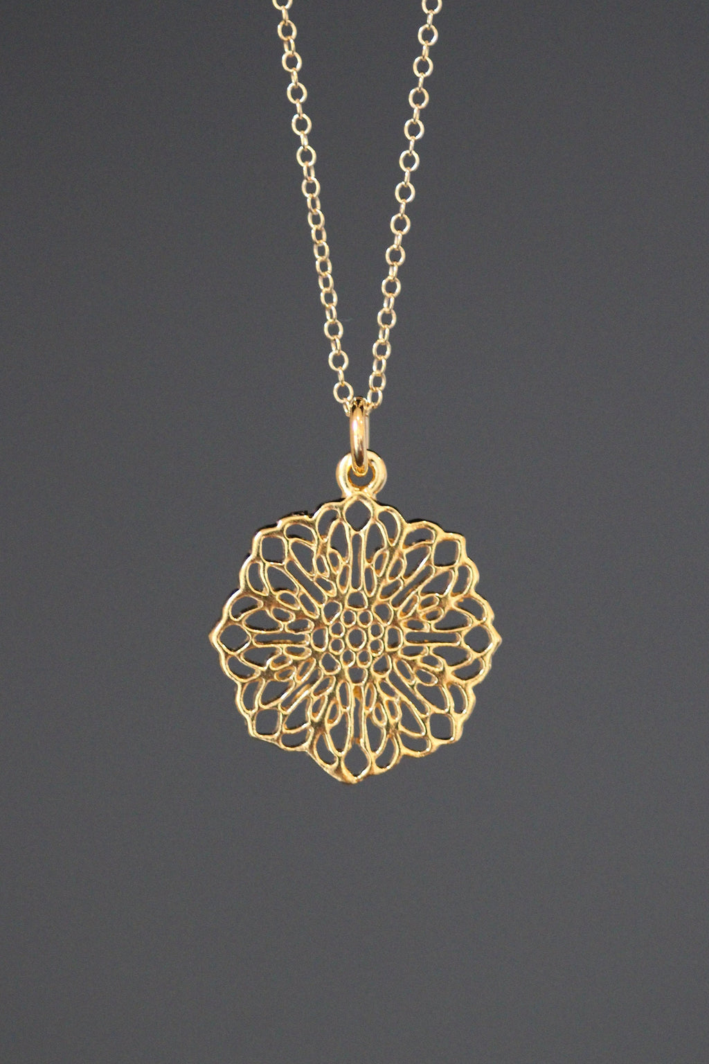 Gold Vermeil Filigree Flower Pendant Necklace on Gold Filled Chain