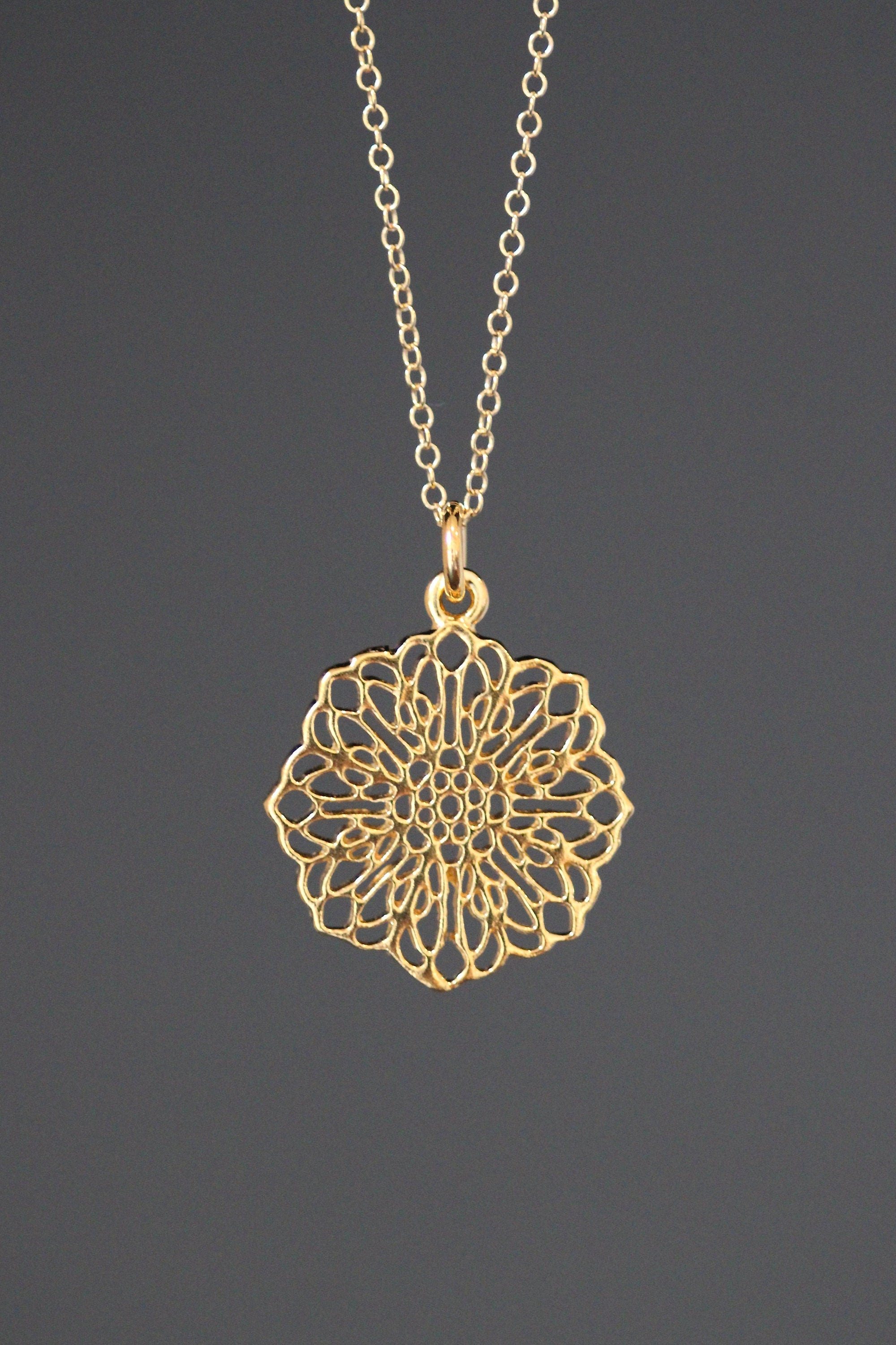 Gold Vermeil Filigree Flower Pendant Necklace on Gold Filled Chain