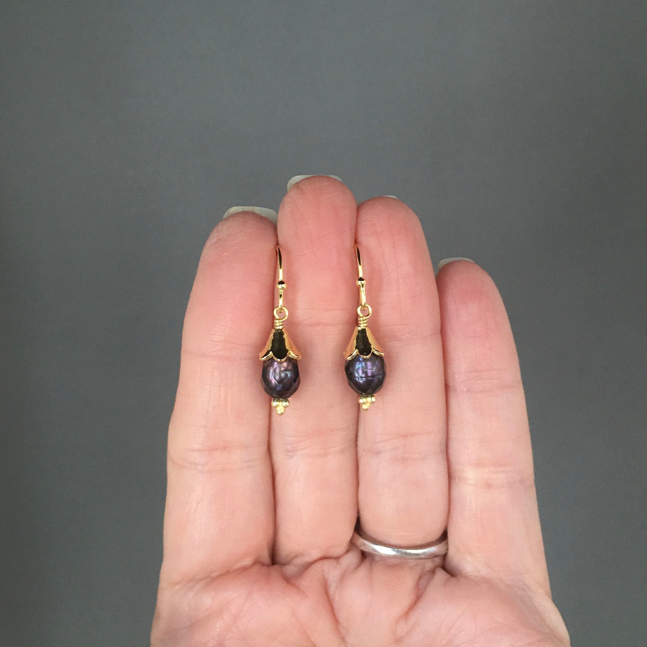 Faceted Black Freshwater Pearl Earrings with Gold Vermeil Caps