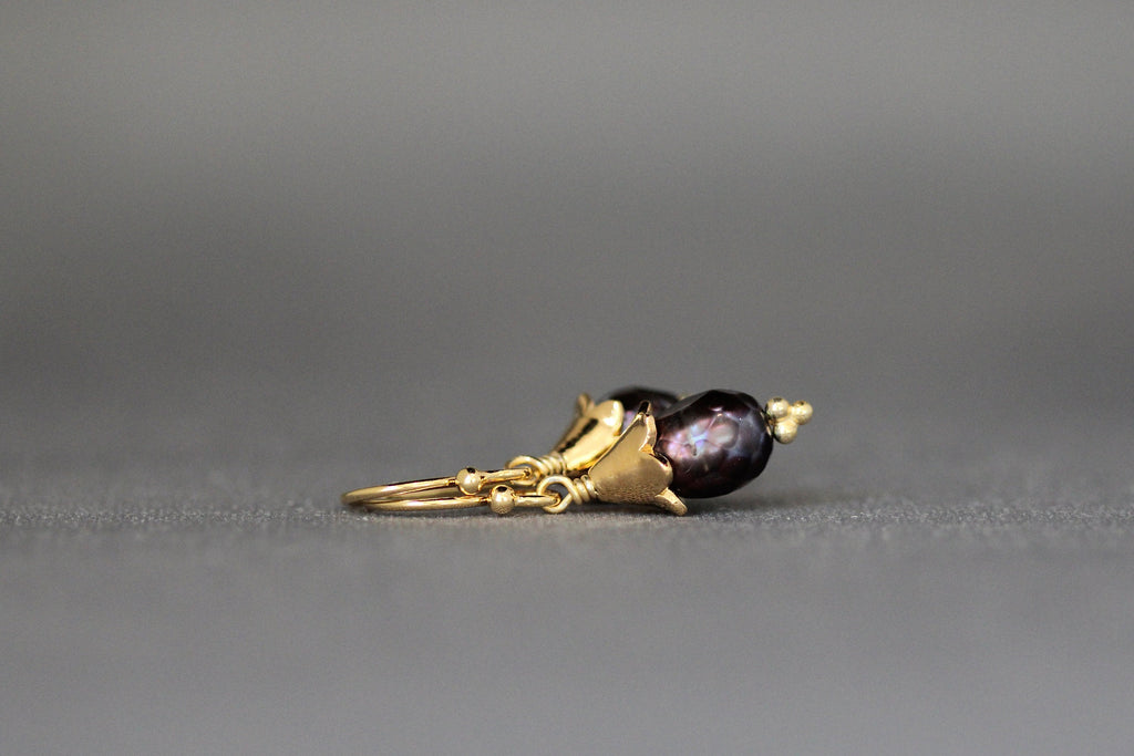 Faceted Black Freshwater Pearl Earrings with Gold Vermeil Caps