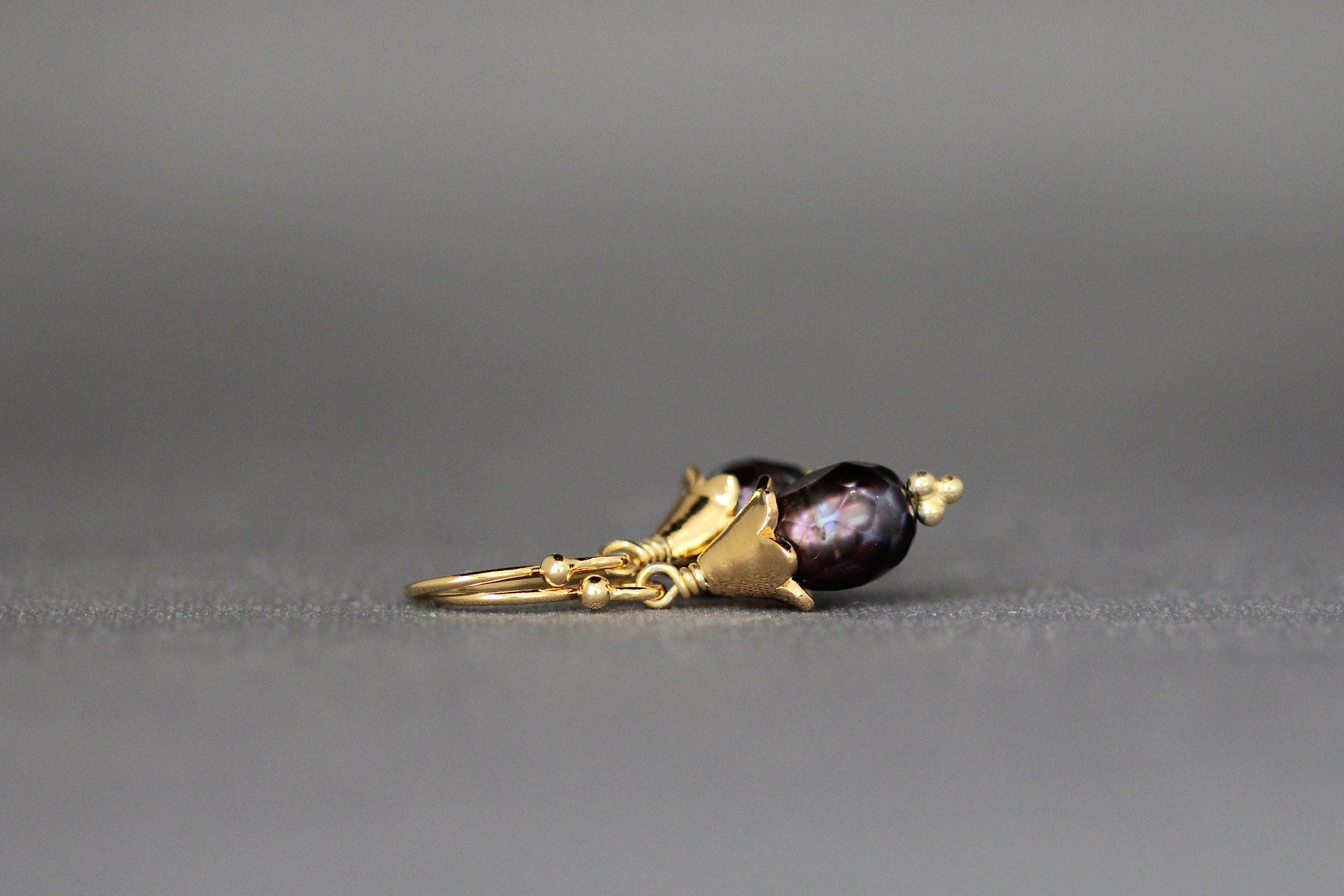 Faceted Black Freshwater Pearl Earrings with Gold Vermeil Caps