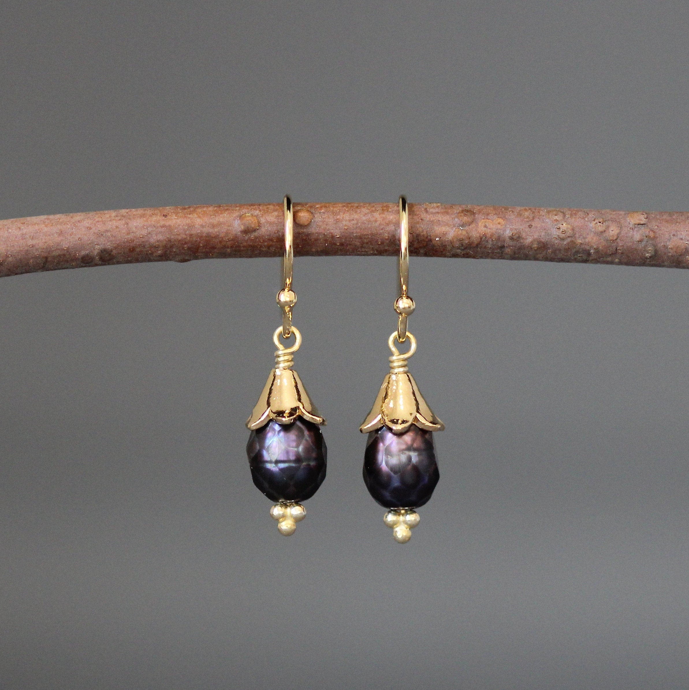 Faceted Black Freshwater Pearl Earrings with Gold Vermeil Caps