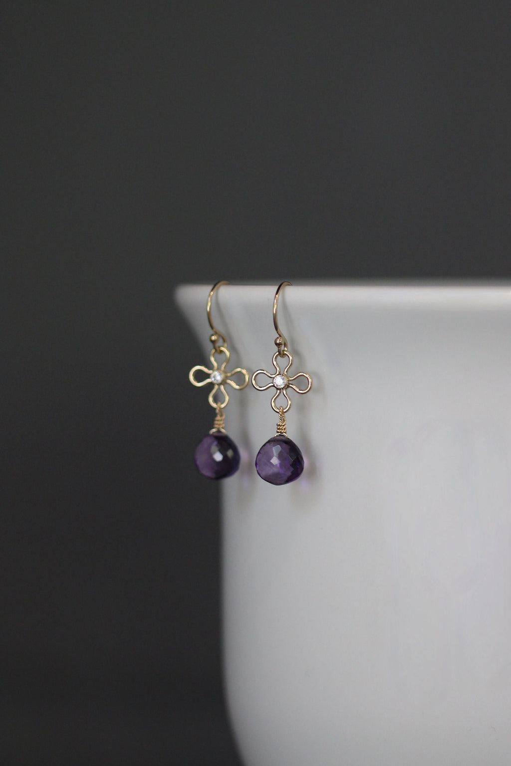 Amethyst Teardrop Earrings on Gold Filled Cubic Zirconia Flower Links