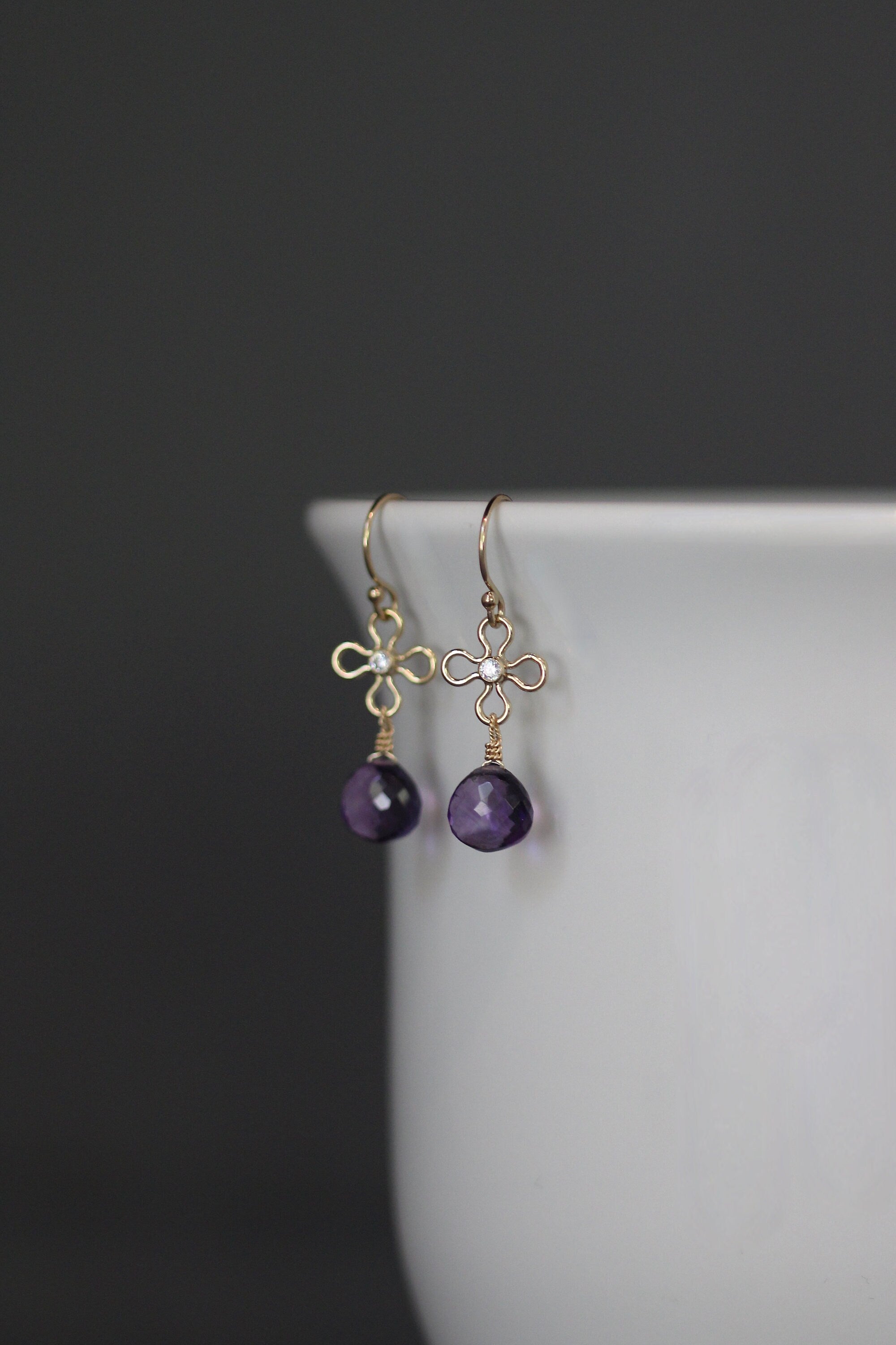 Amethyst Teardrop Earrings on Gold Filled Cubic Zirconia Flower Links