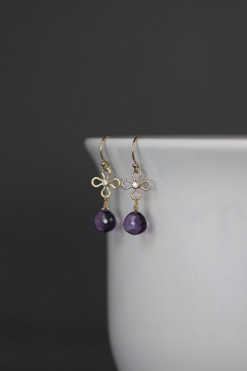 Amethyst Teardrop Earrings on Gold Filled Cubic Zirconia Flower Links