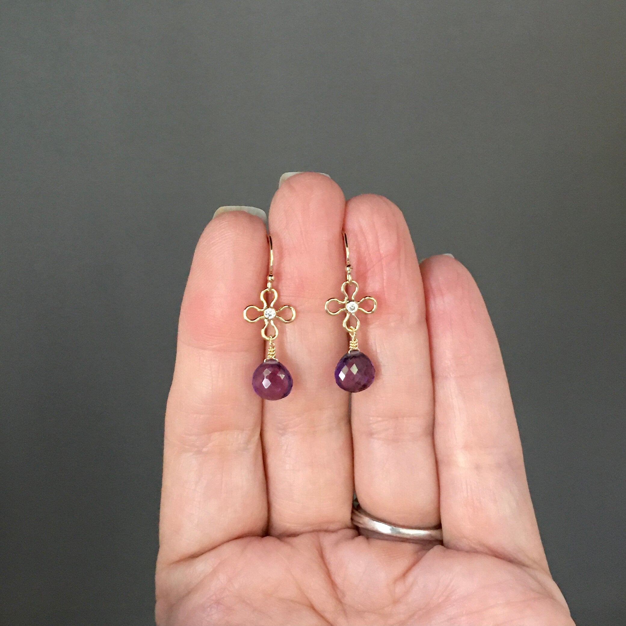 Amethyst Teardrop Earrings on Gold Filled Cubic Zirconia Flower Links