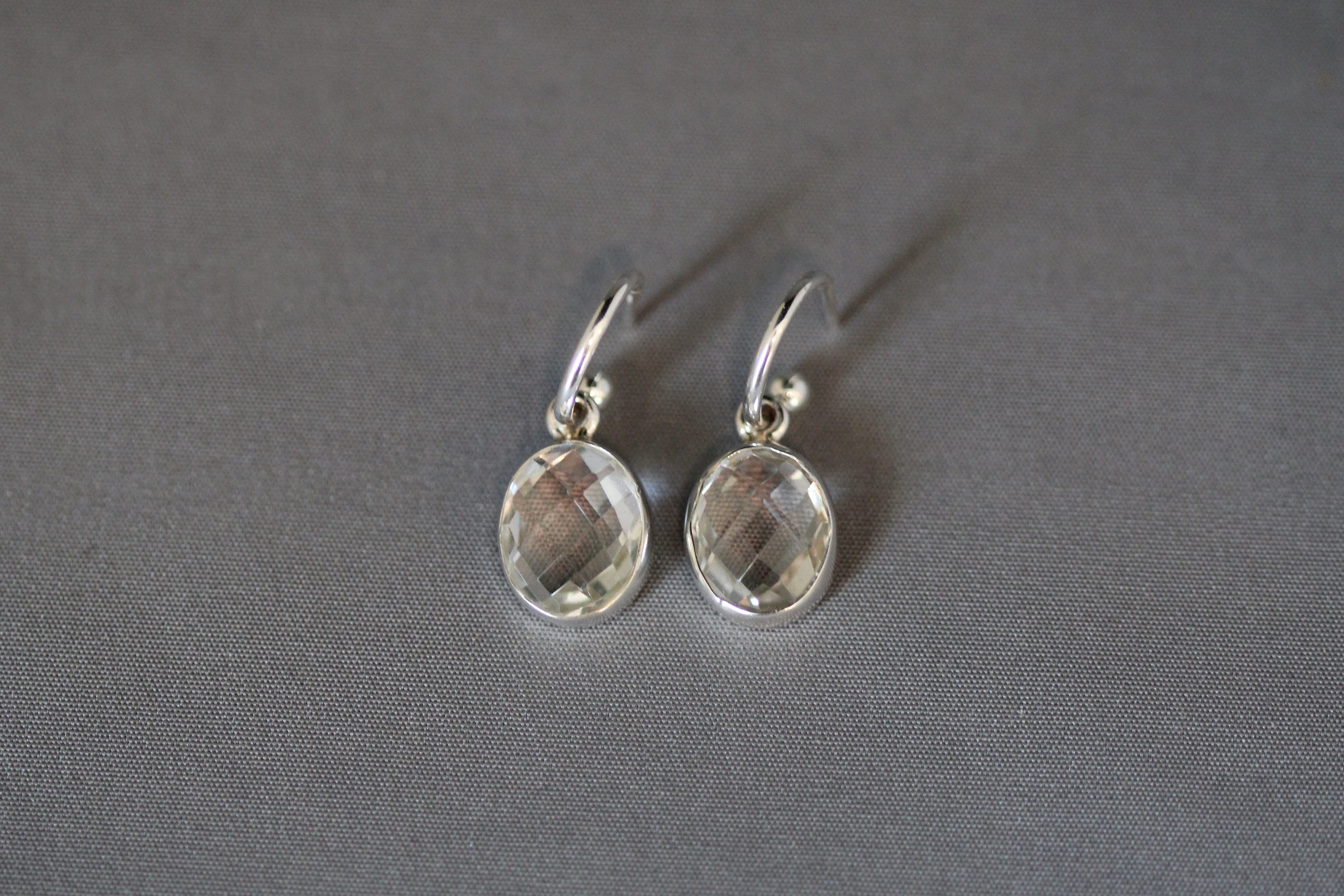 Clear Quartz Crystal Bezel Charm Earrings on Silver Post Hoops