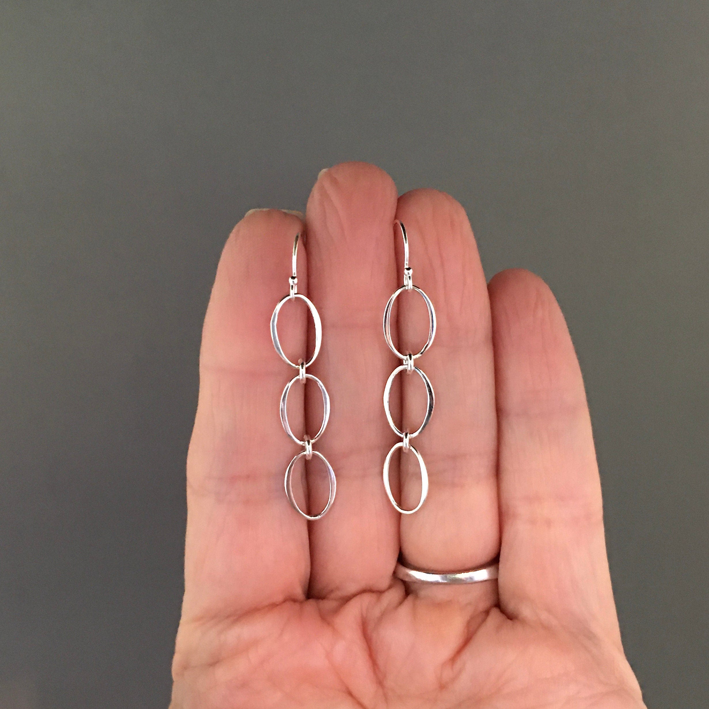 Triple-Link Sterling Silver Oval Ring Dangle Earrings
