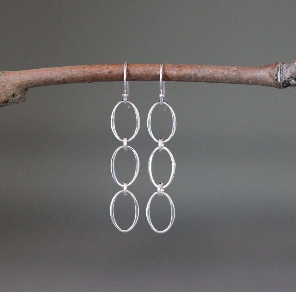 Triple-Link Sterling Silver Oval Ring Dangle Earrings