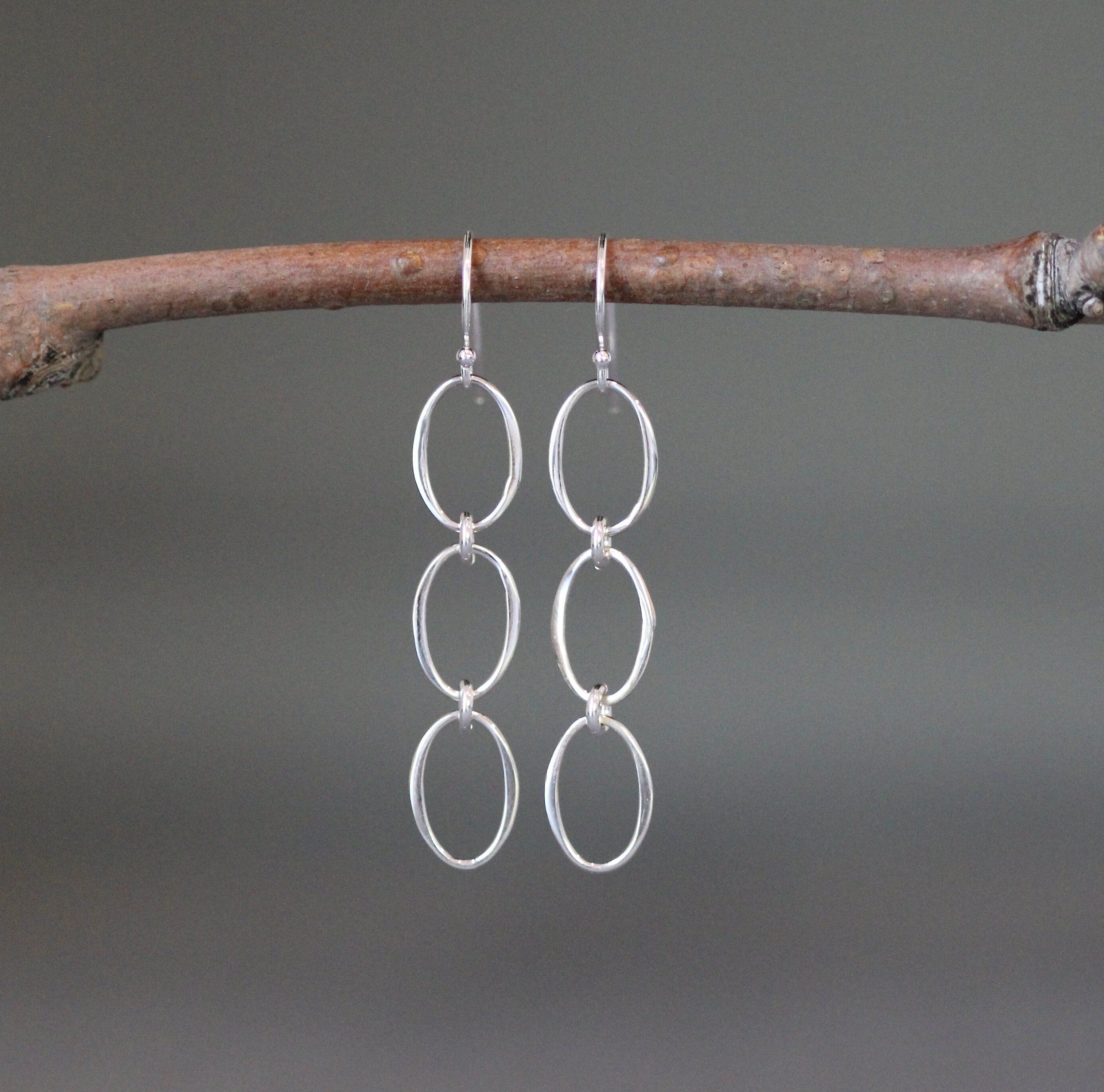 Triple-Link Sterling Silver Oval Ring Dangle Earrings