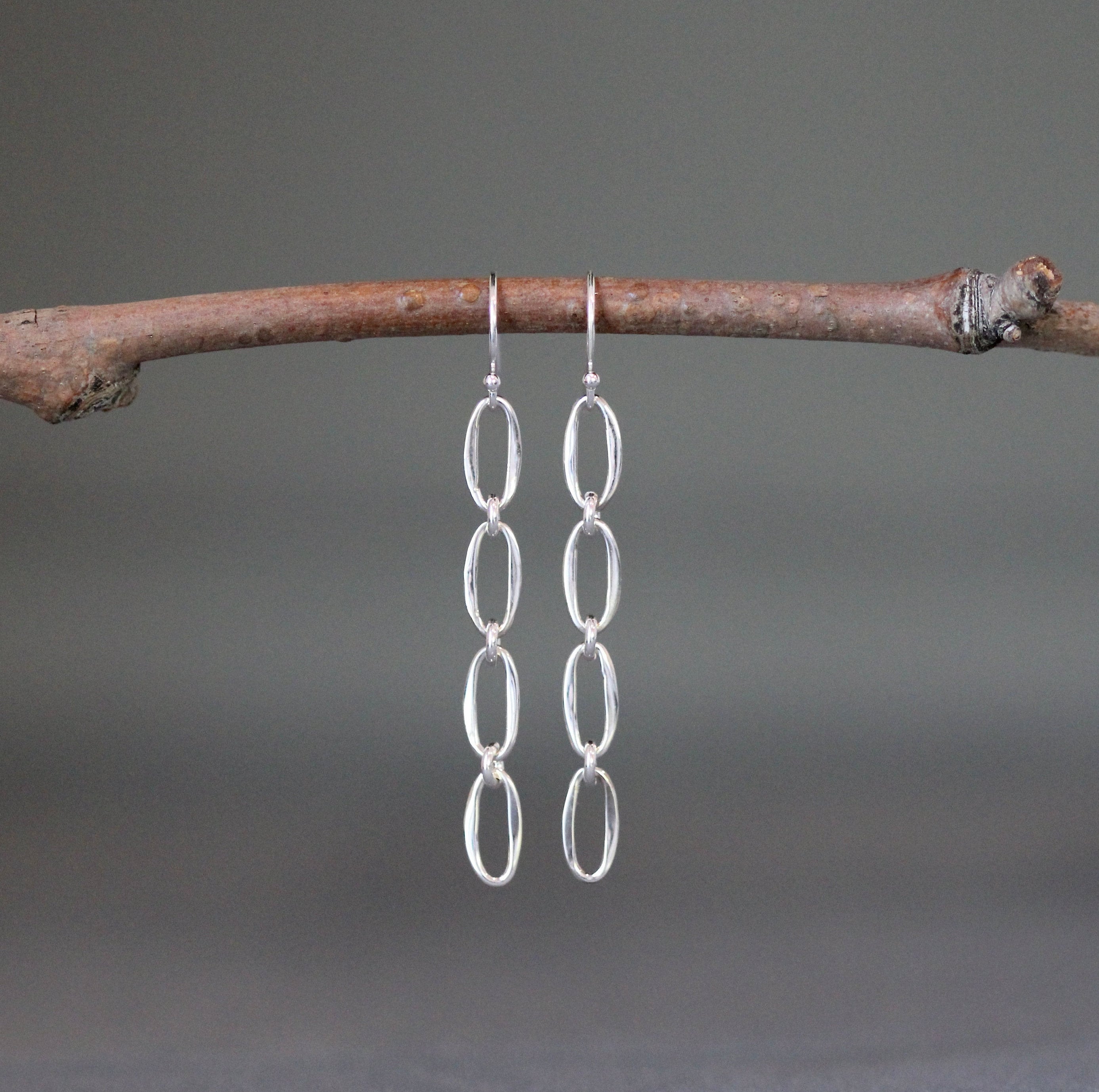 Four Linked Sterling Silver Oval Ring Drop Earrings