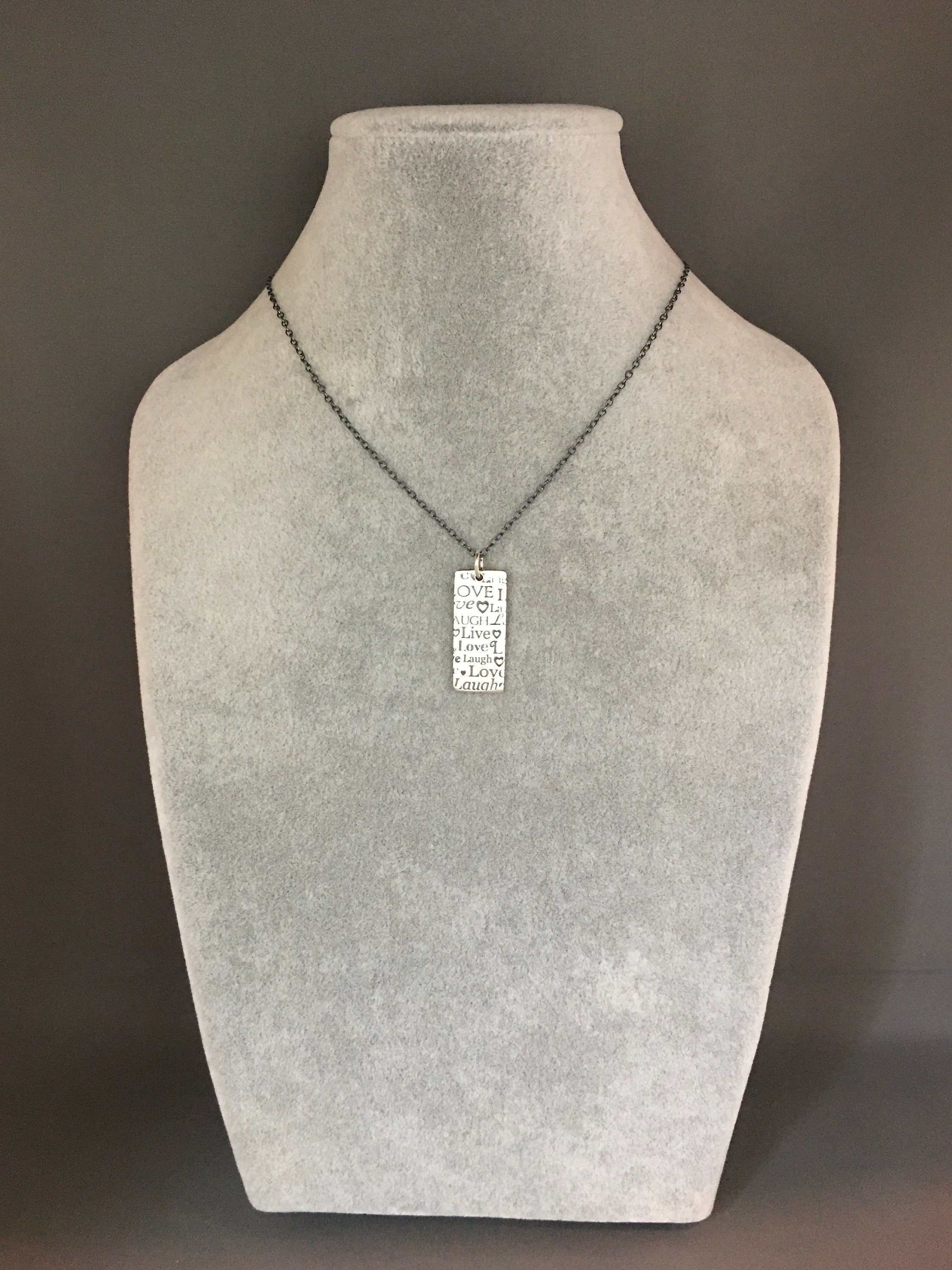 Live Love Laugh Stamped Sterling Silver Pendant Necklace on Blackened Chain