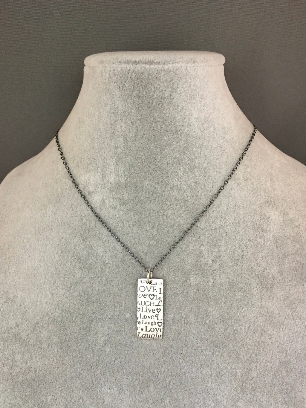 Live Love Laugh Stamped Sterling Silver Pendant Necklace on Blackened Chain