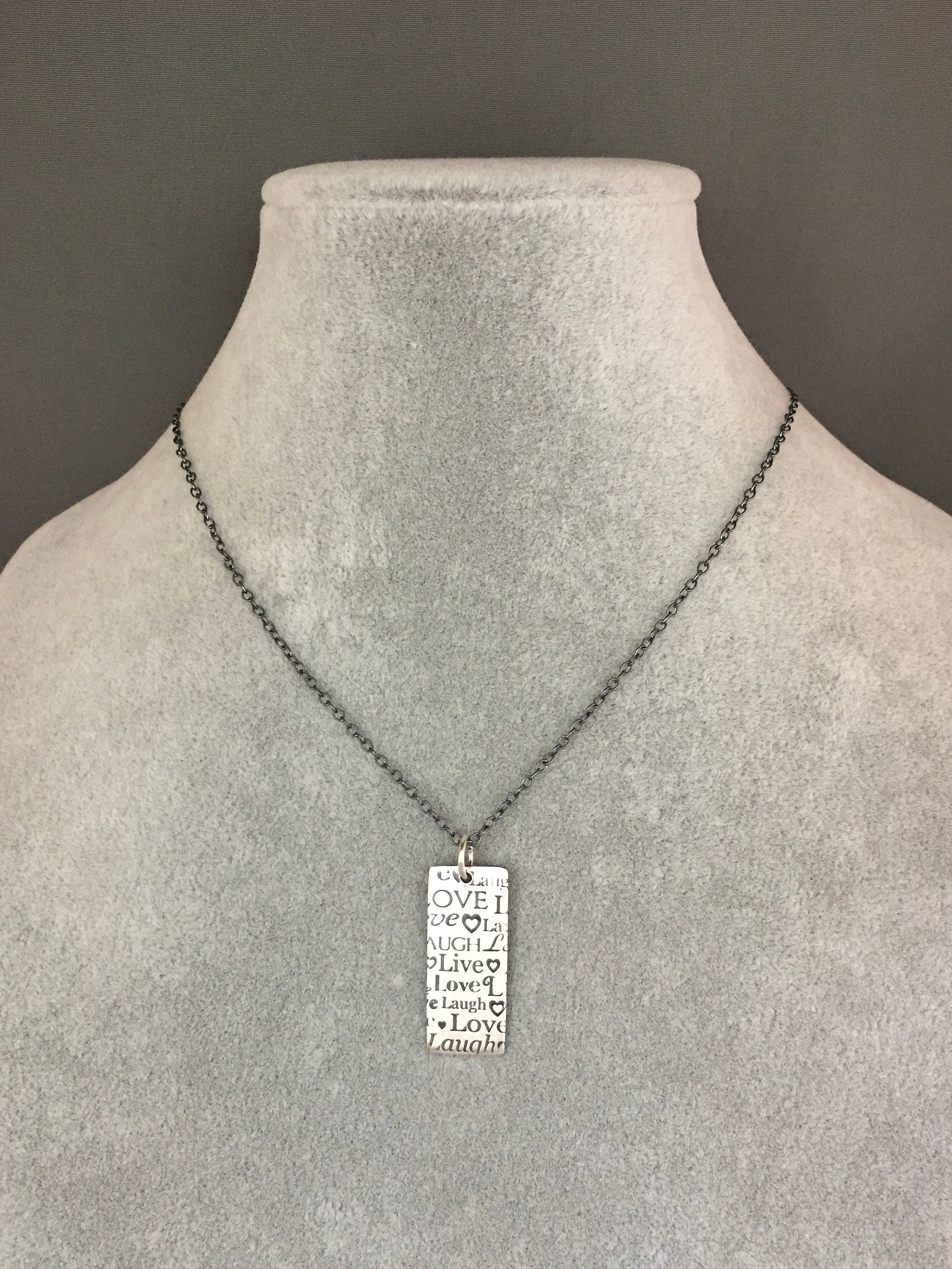 Live Love Laugh Stamped Sterling Silver Pendant Necklace on Blackened Chain