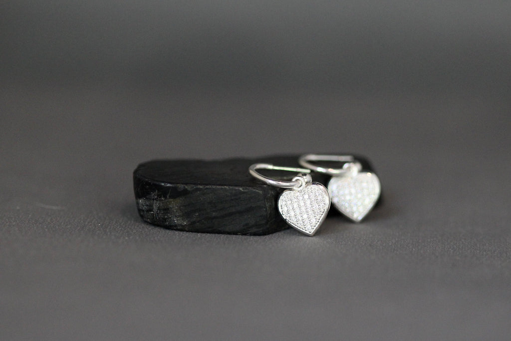 Cubic Zirconia Pave Heart Charm Earrings on Sterling Silver Post Hoops