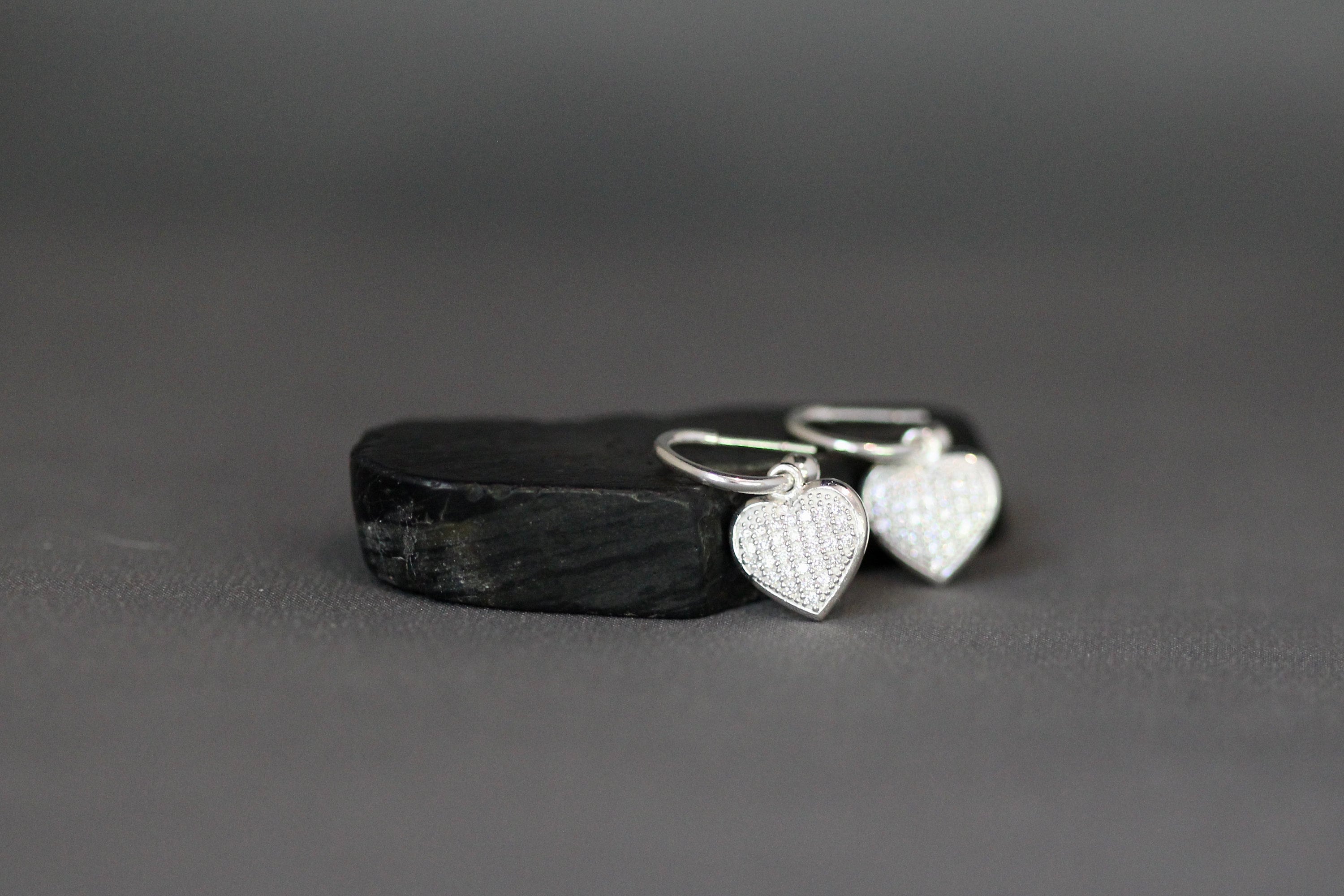 Cubic Zirconia Pave Heart Charm Earrings on Sterling Silver Post Hoops