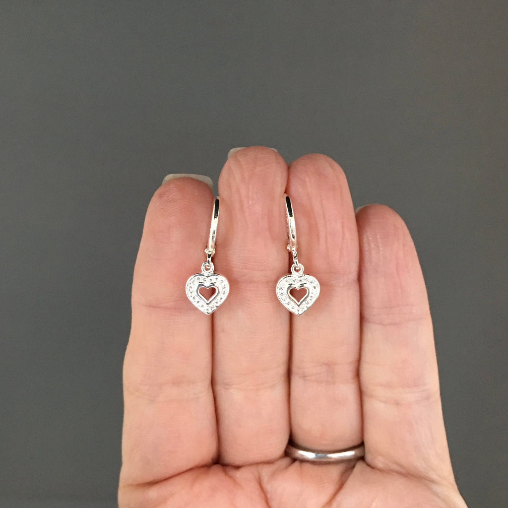 Cubic Zirconia Pave Heart Charm Earrings on Sterling Silver Huggie Hoops