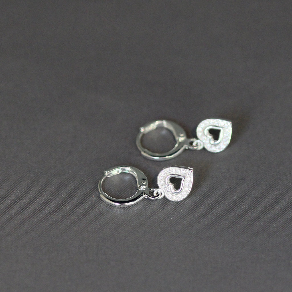 Cubic Zirconia Pave Heart Charm Earrings on Sterling Silver Huggie Hoops