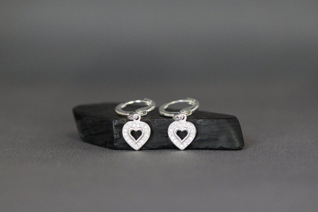 Cubic Zirconia Pave Heart Charm Earrings on Sterling Silver Huggie Hoops
