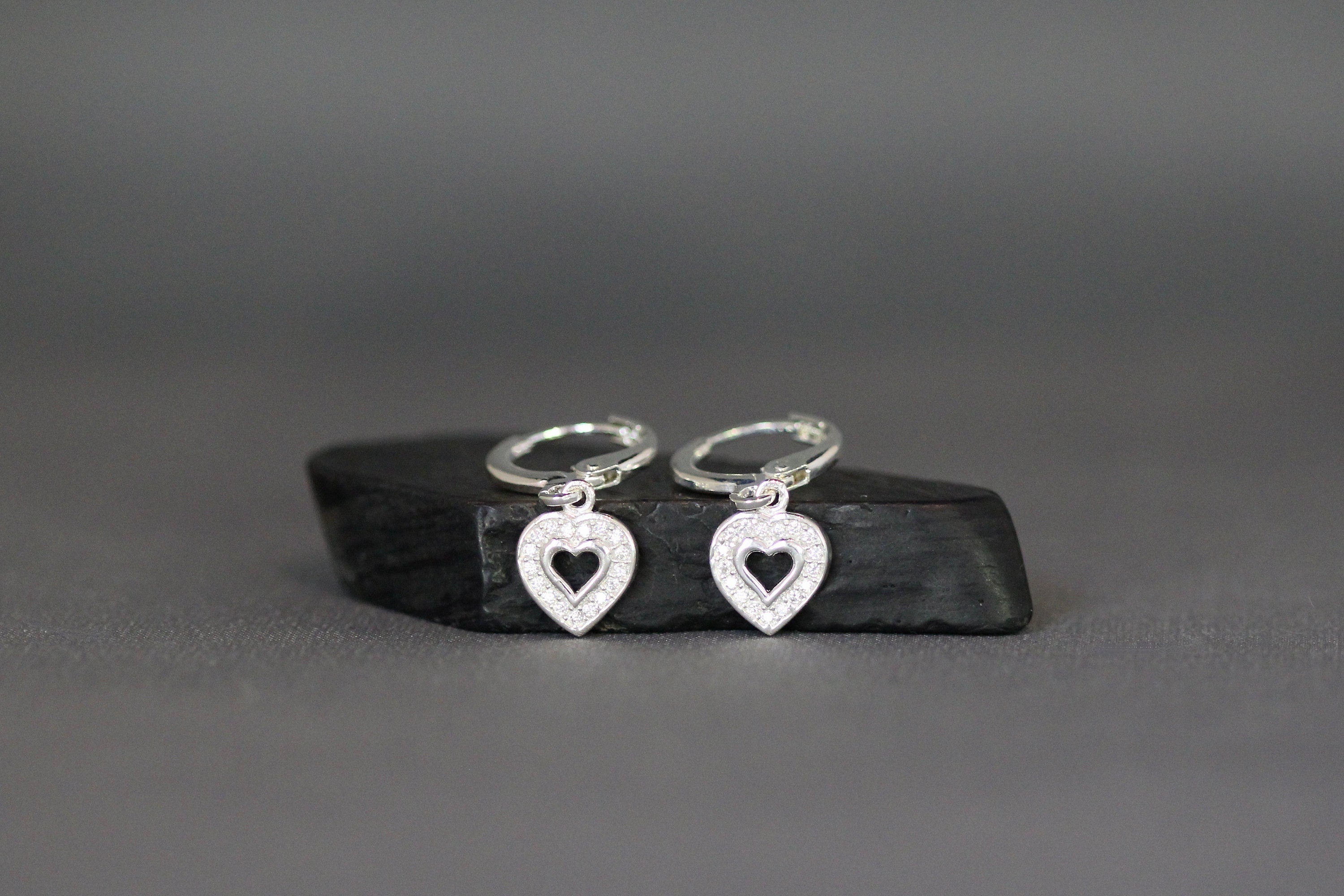Cubic Zirconia Pave Heart Charm Earrings on Sterling Silver Huggie Hoops
