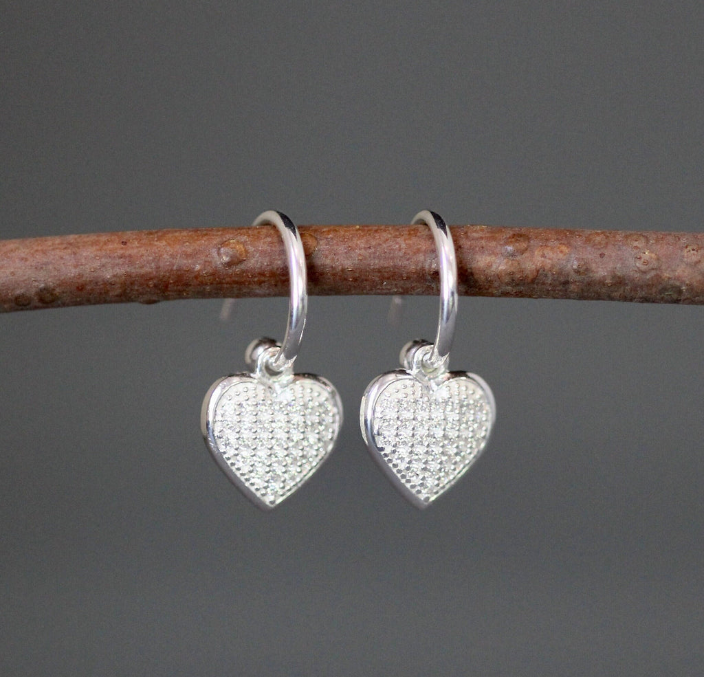 Cubic Zirconia Pave Heart Charm Earrings on Sterling Silver Post Hoops