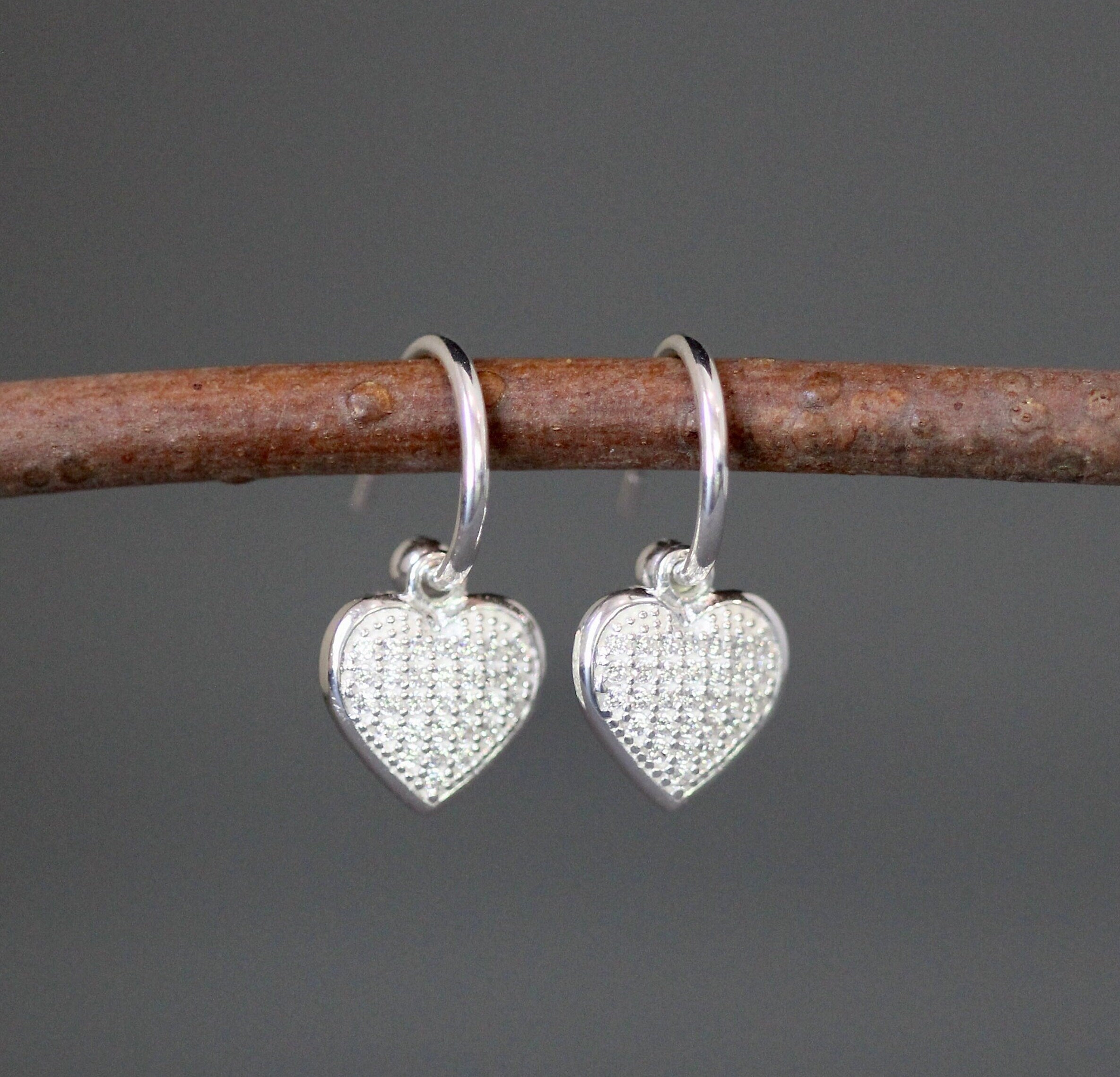 Cubic Zirconia Pave Heart Charm Earrings on Sterling Silver Post Hoops