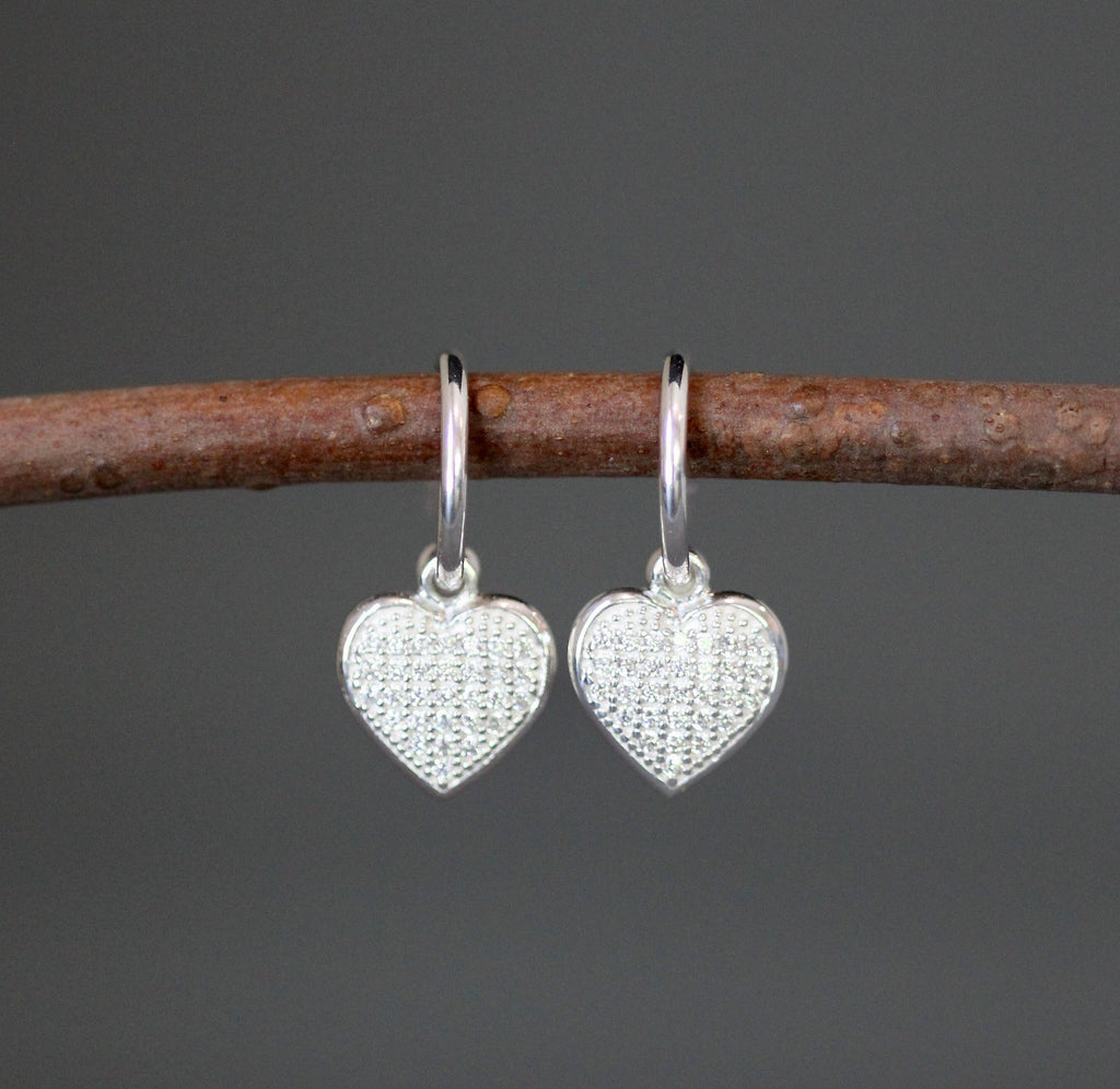 Cubic Zirconia Pave Heart Charm Earrings on Sterling Silver Post Hoops