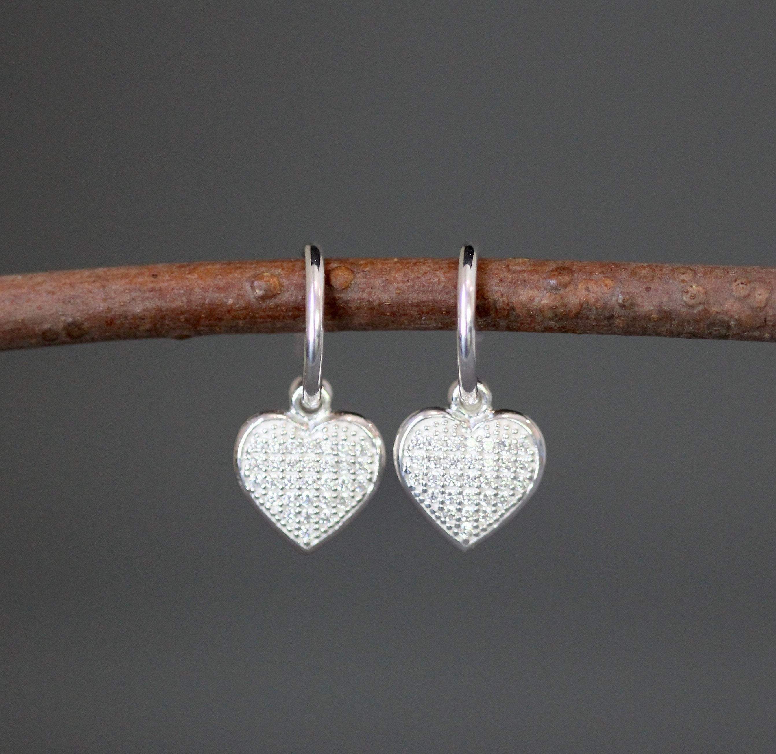 Cubic Zirconia Pave Heart Charm Earrings on Sterling Silver Post Hoops