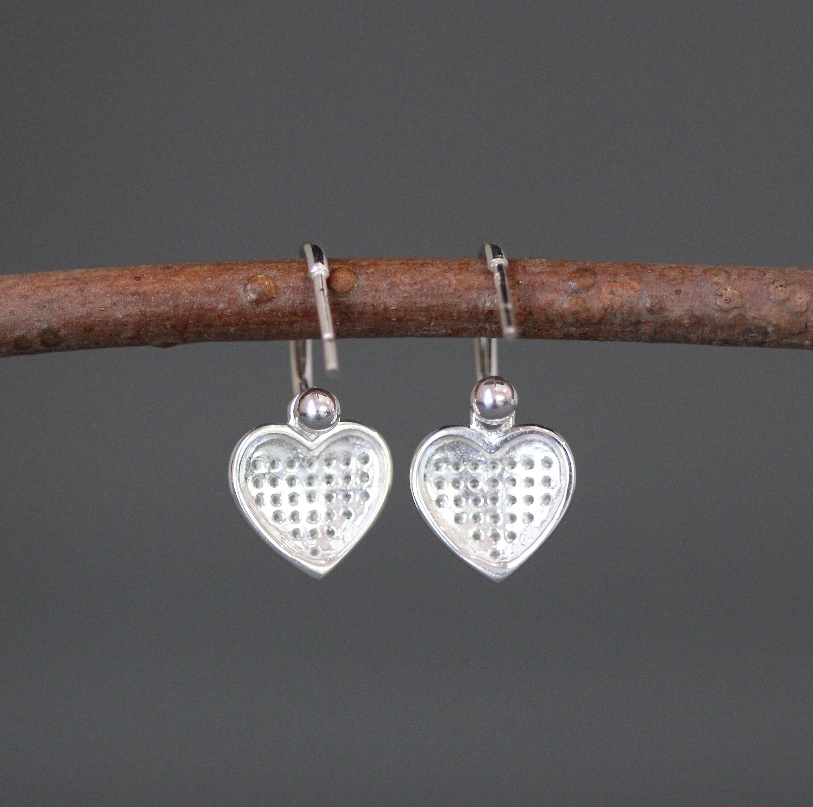 Cubic Zirconia Pave Heart Charm Earrings on Sterling Silver Post Hoops