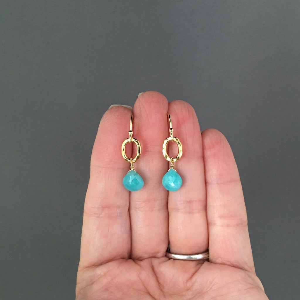 Turquoise Amazonite Teardrop Earrings on Hammered Gold Vermeil Oval Links