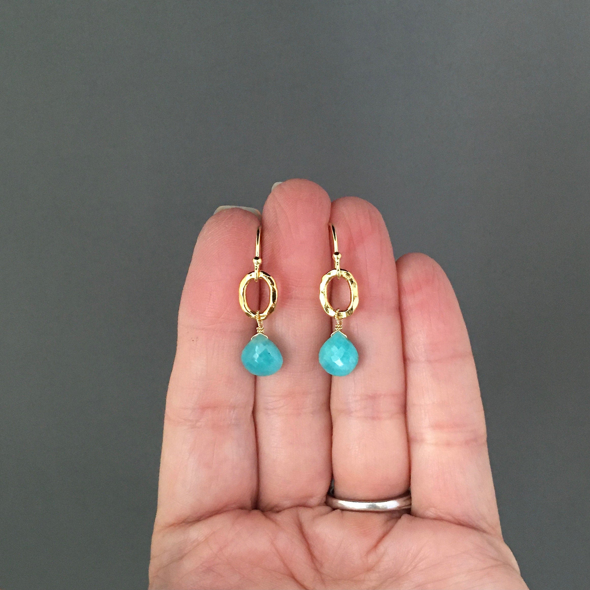 Turquoise Amazonite Teardrop Earrings on Hammered Gold Vermeil Oval Links
