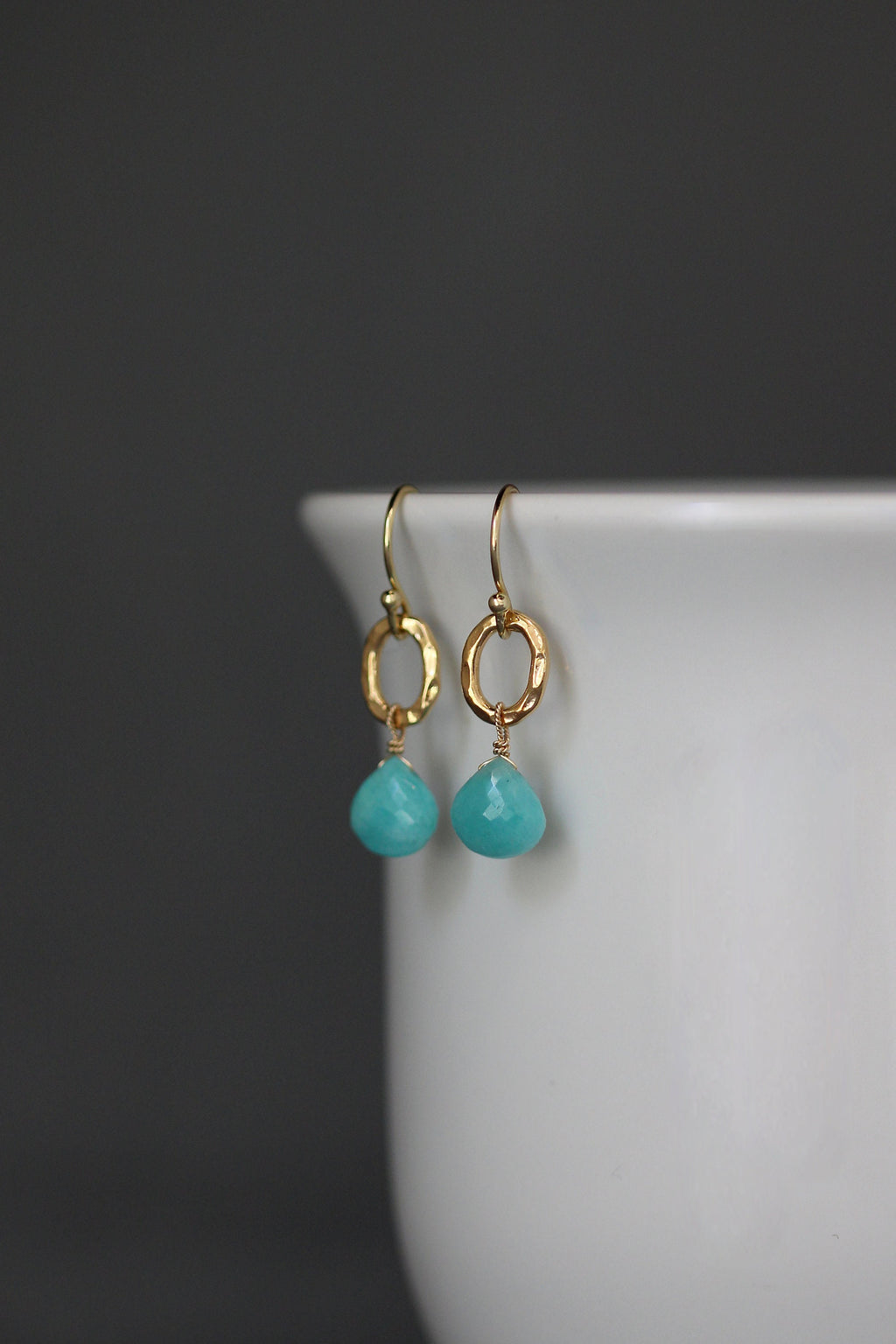 Turquoise Amazonite Teardrop Earrings on Hammered Gold Vermeil Oval Links