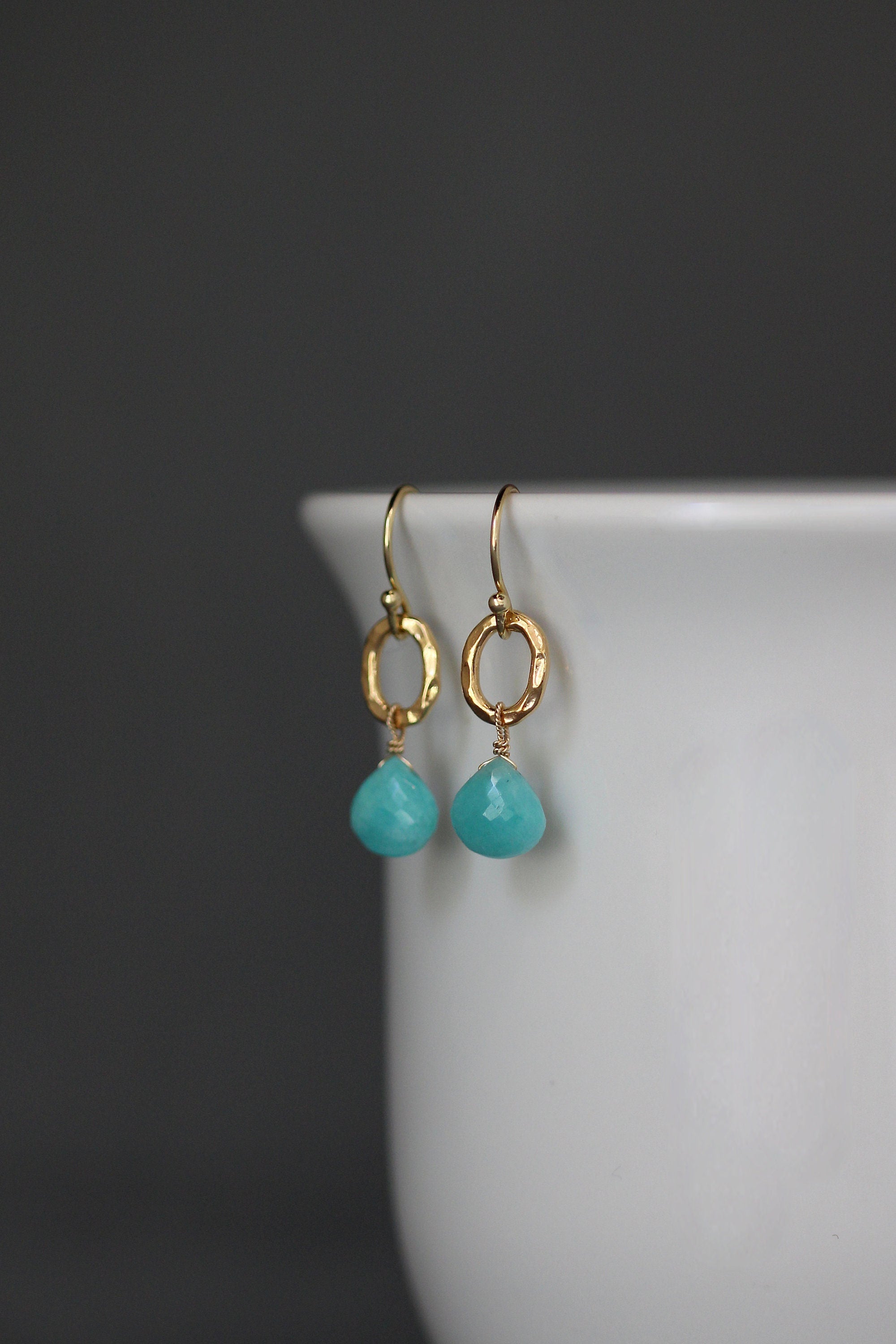 Turquoise Amazonite Teardrop Earrings on Hammered Gold Vermeil Oval Links