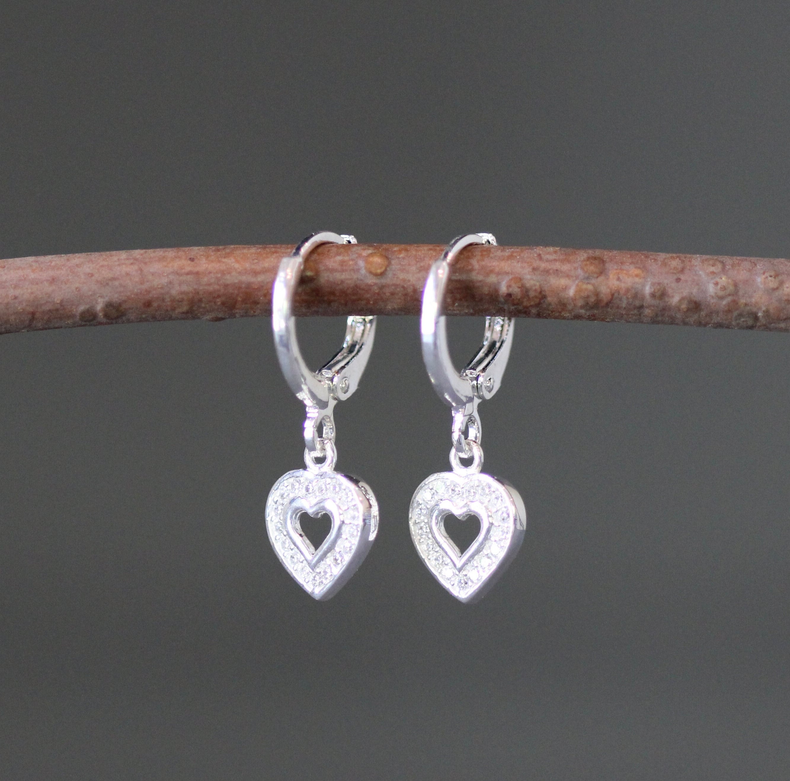 Cubic Zirconia Pave Heart Charm Earrings on Sterling Silver Huggie Hoops