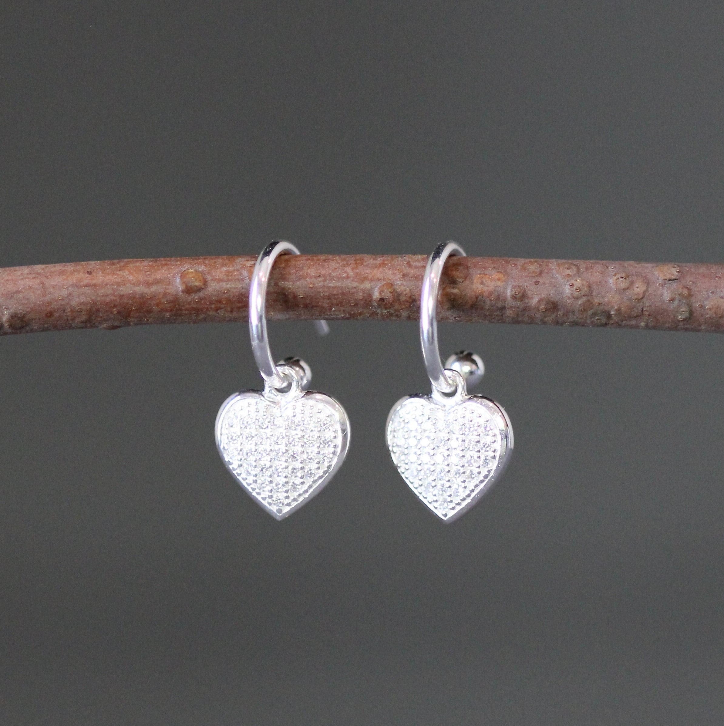 Cubic Zirconia Pave Heart Charm Earrings on Sterling Silver Post Hoops