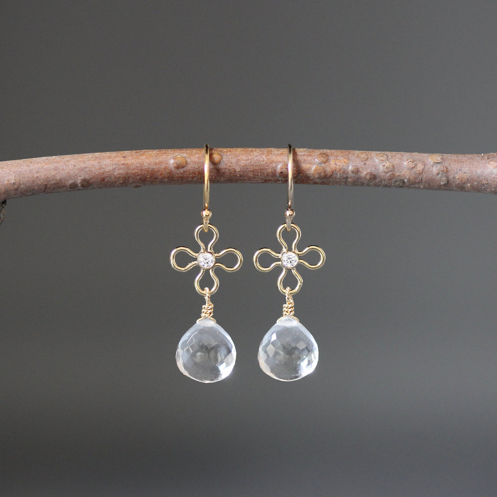 Clear Quartz Crystal Teardrop Earrings on Gold Filled Flower Links
