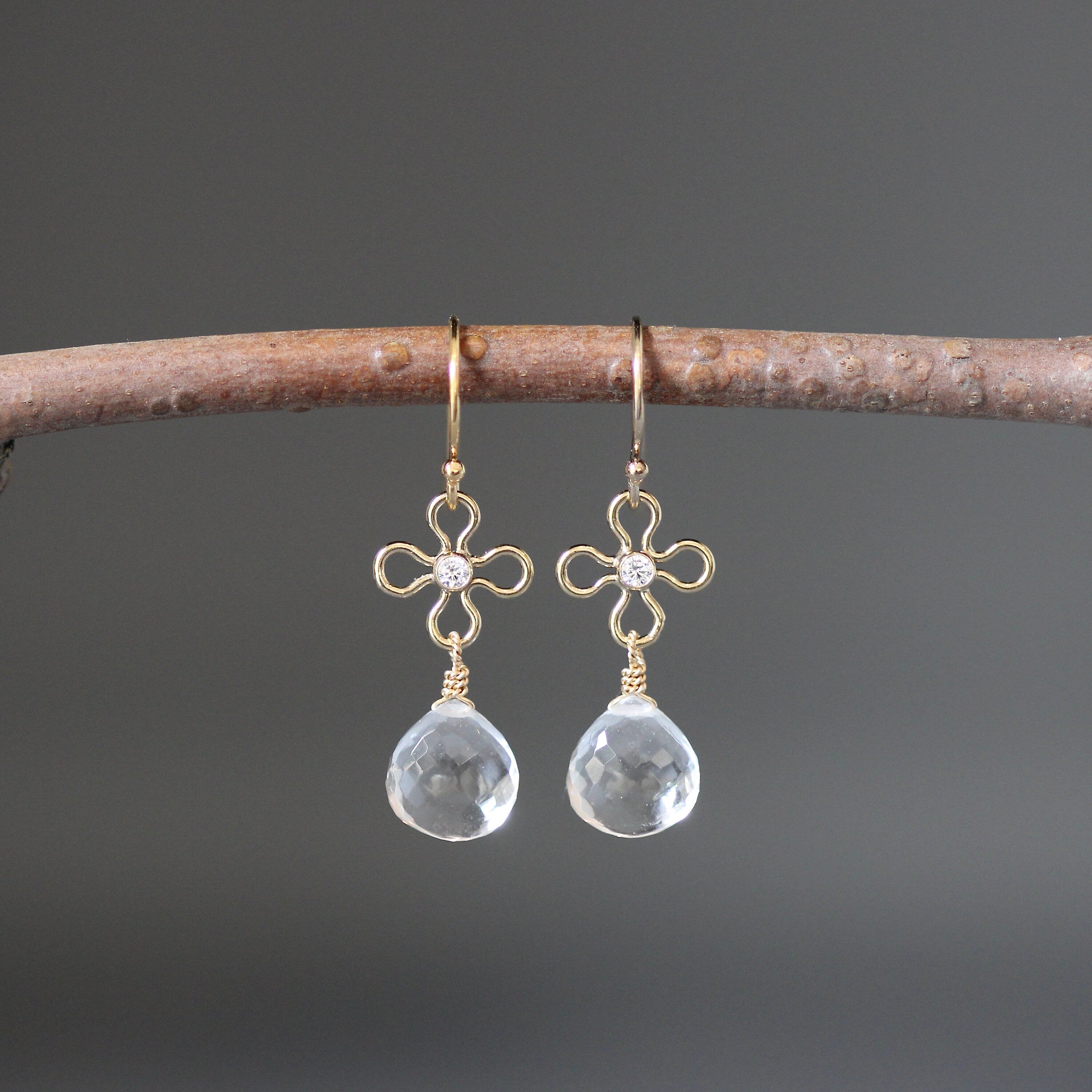 Clear Quartz Crystal Teardrop Earrings on Gold Filled Flower Links