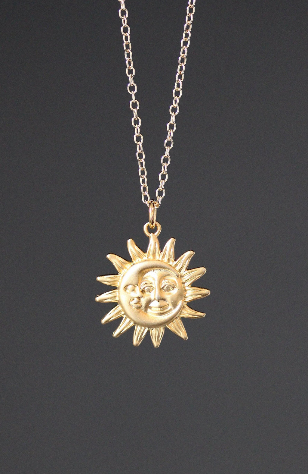 Matte Gold Vermeil Sun and Moon Charm Pendant Necklace