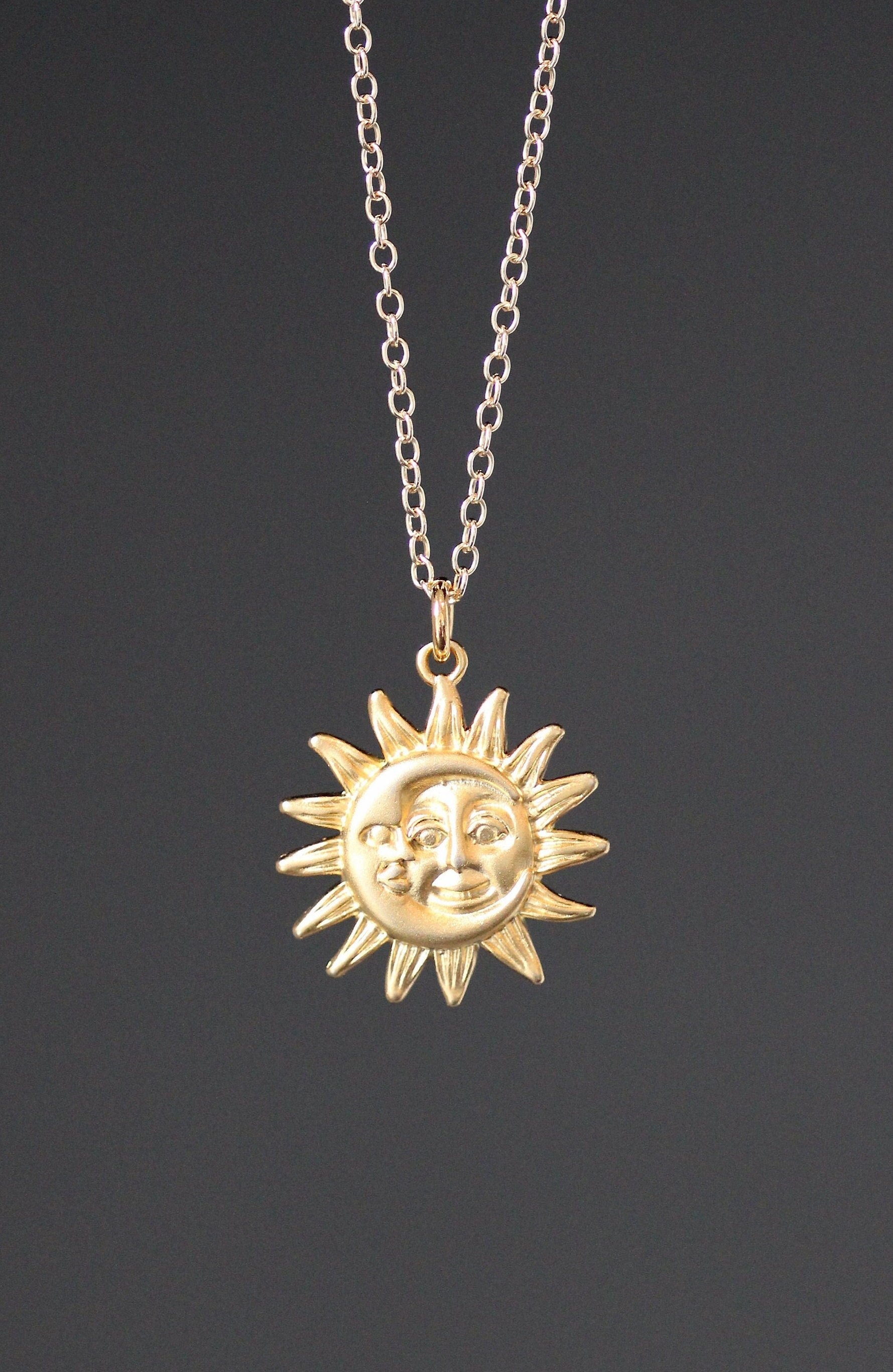 Matte Gold Vermeil Sun and Moon Charm Pendant Necklace