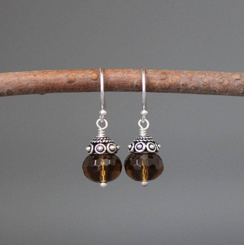 Whiskey Quartz Faceted Button Dangle Earrings with Bali Sterling Silver Caps