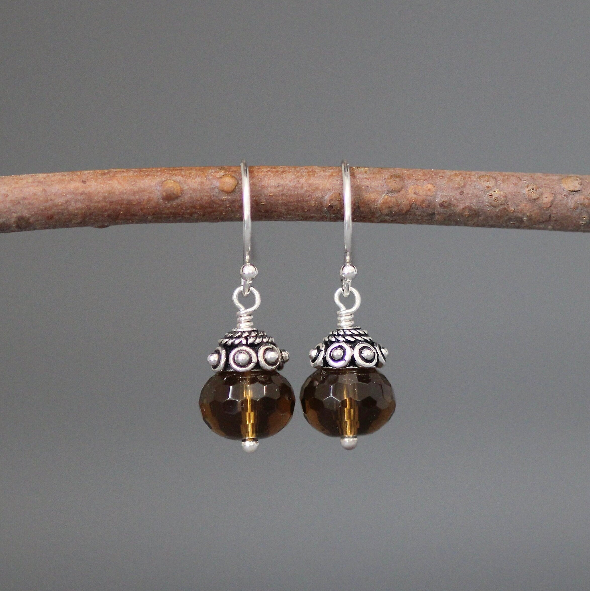Whiskey Quartz Faceted Button Dangle Earrings with Bali Sterling Silver Caps