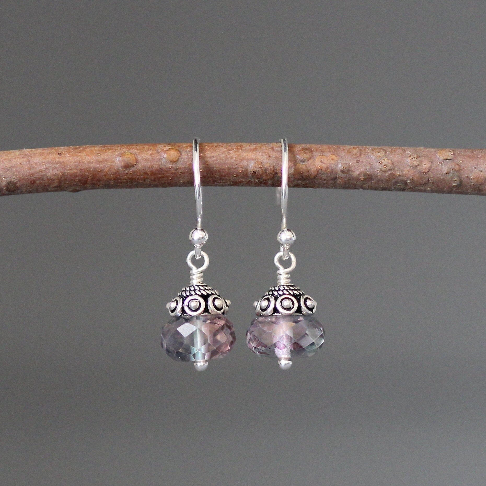 Rainbow Mystic Quartz Crystal Dangle Earrings with Bali Silver Caps