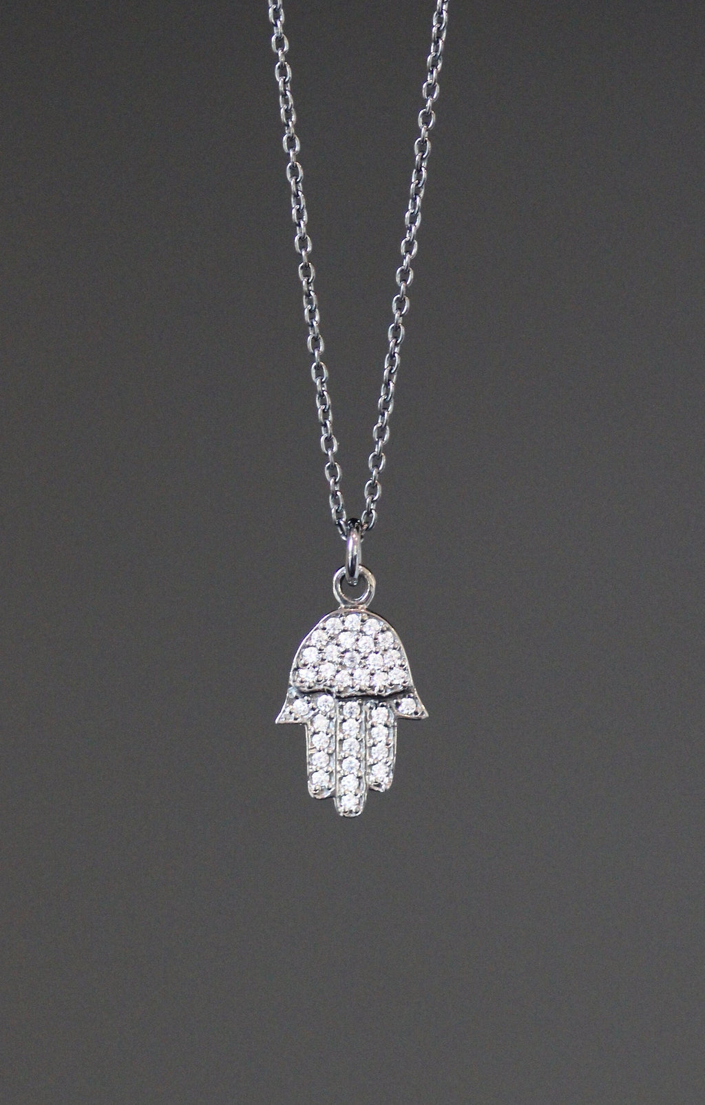 Oxidized Sterling Silver Hamsa Hand Pendant Necklace with White Topaz Pave