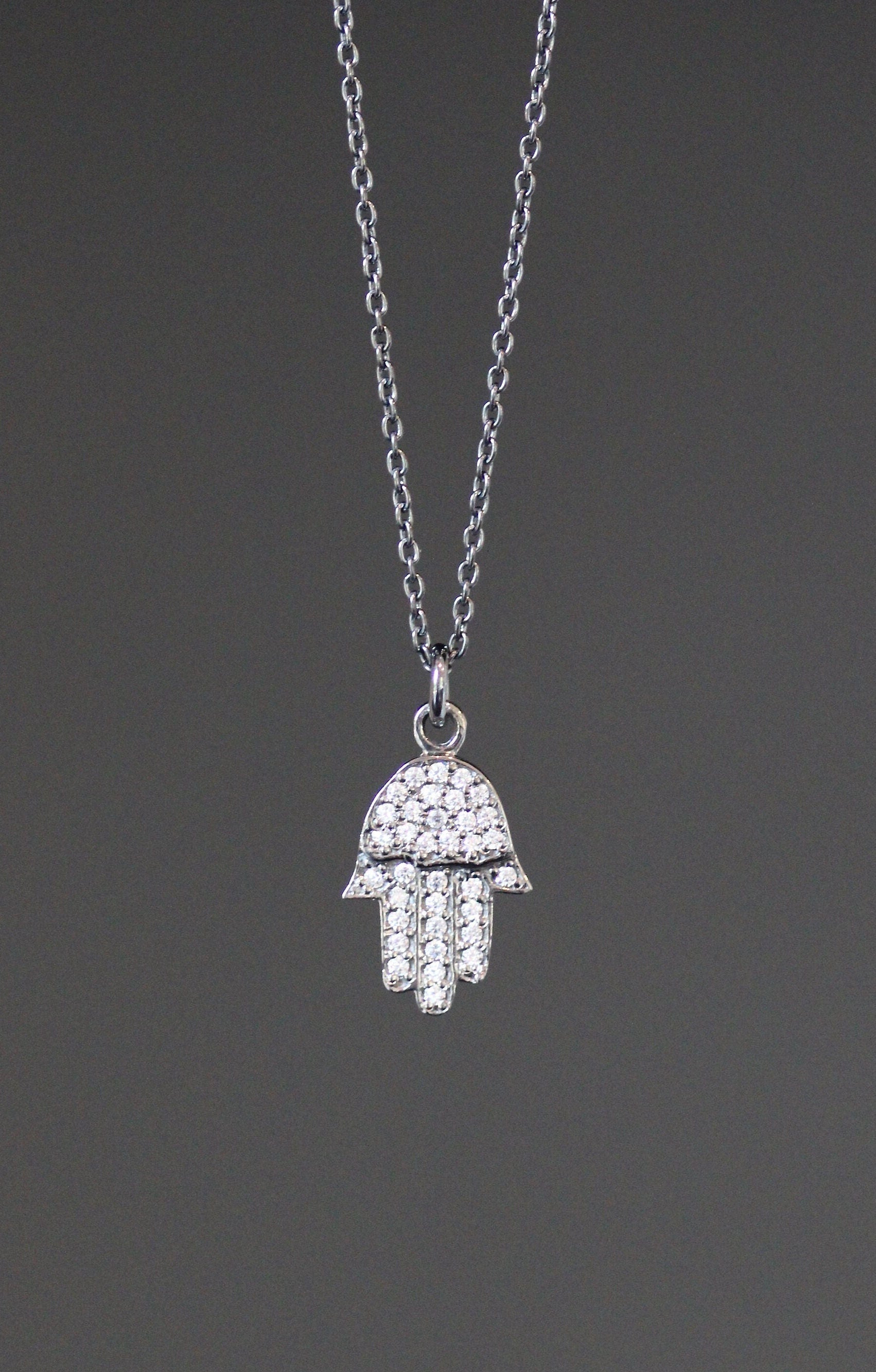 Oxidized Sterling Silver Hamsa Hand Pendant Necklace with White Topaz Pave