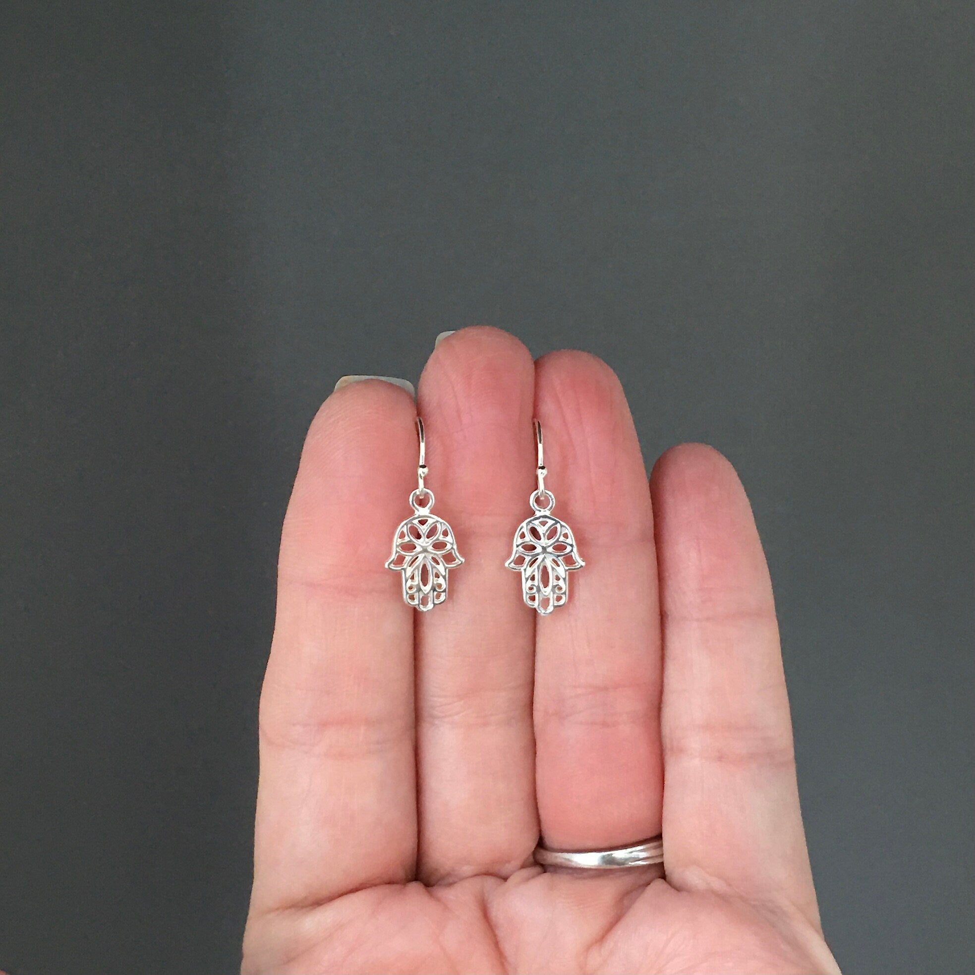 Small Bali Silver Filigree Hamsa Hand Dangle Earrings