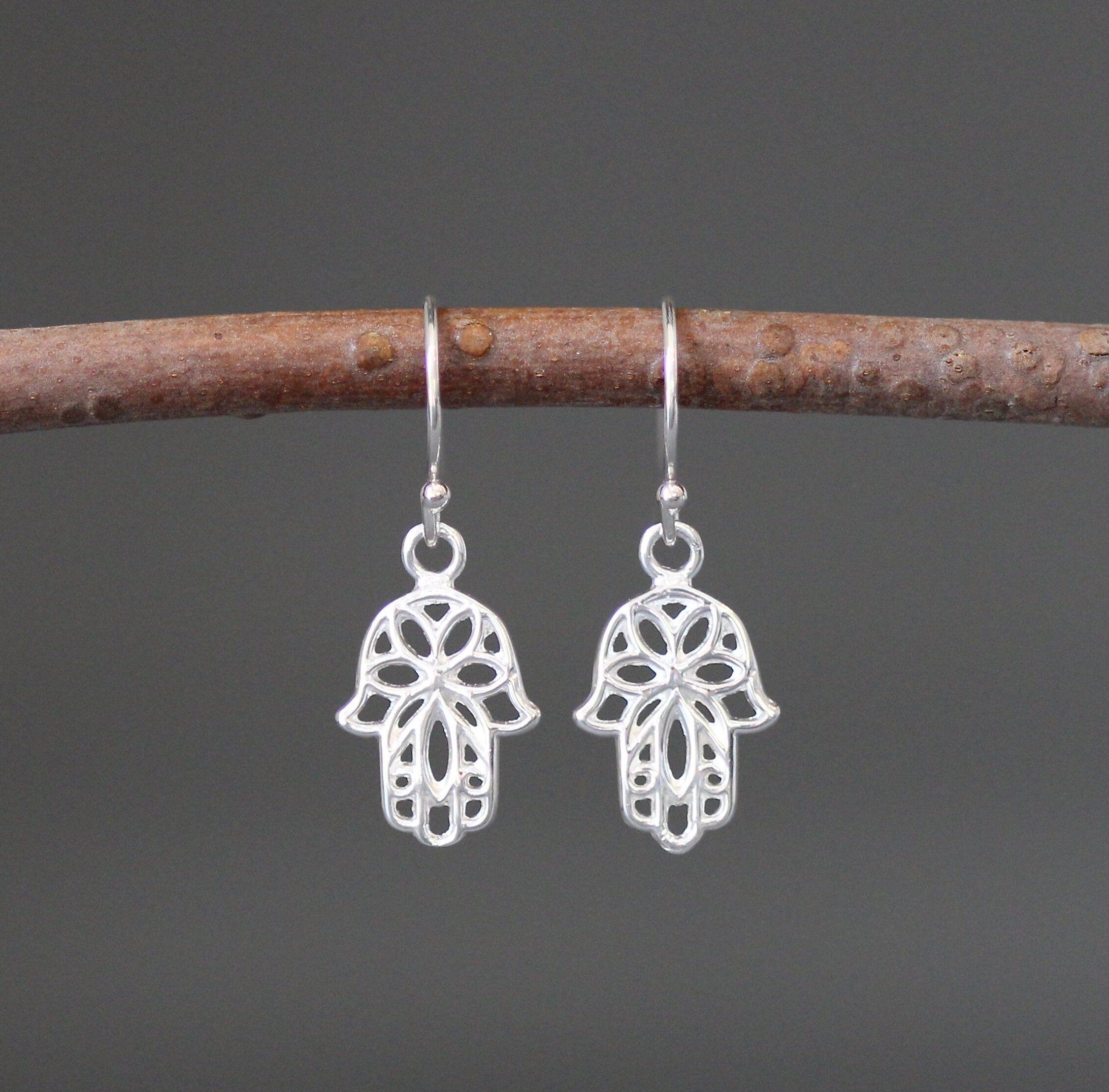 Small Bali Silver Filigree Hamsa Hand Dangle Earrings