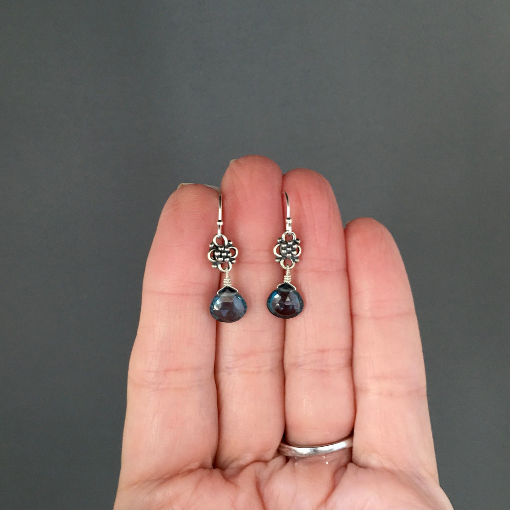 London Blue Topaz Quartz Teardrop Dangle Earrings on Bali Silver Links