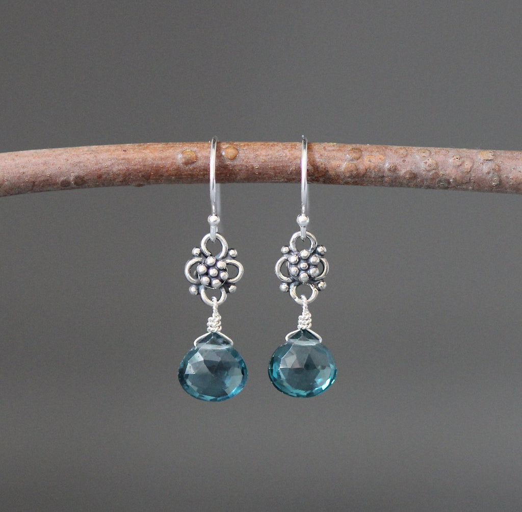 London Blue Topaz Quartz Teardrop Dangle Earrings on Bali Silver Links